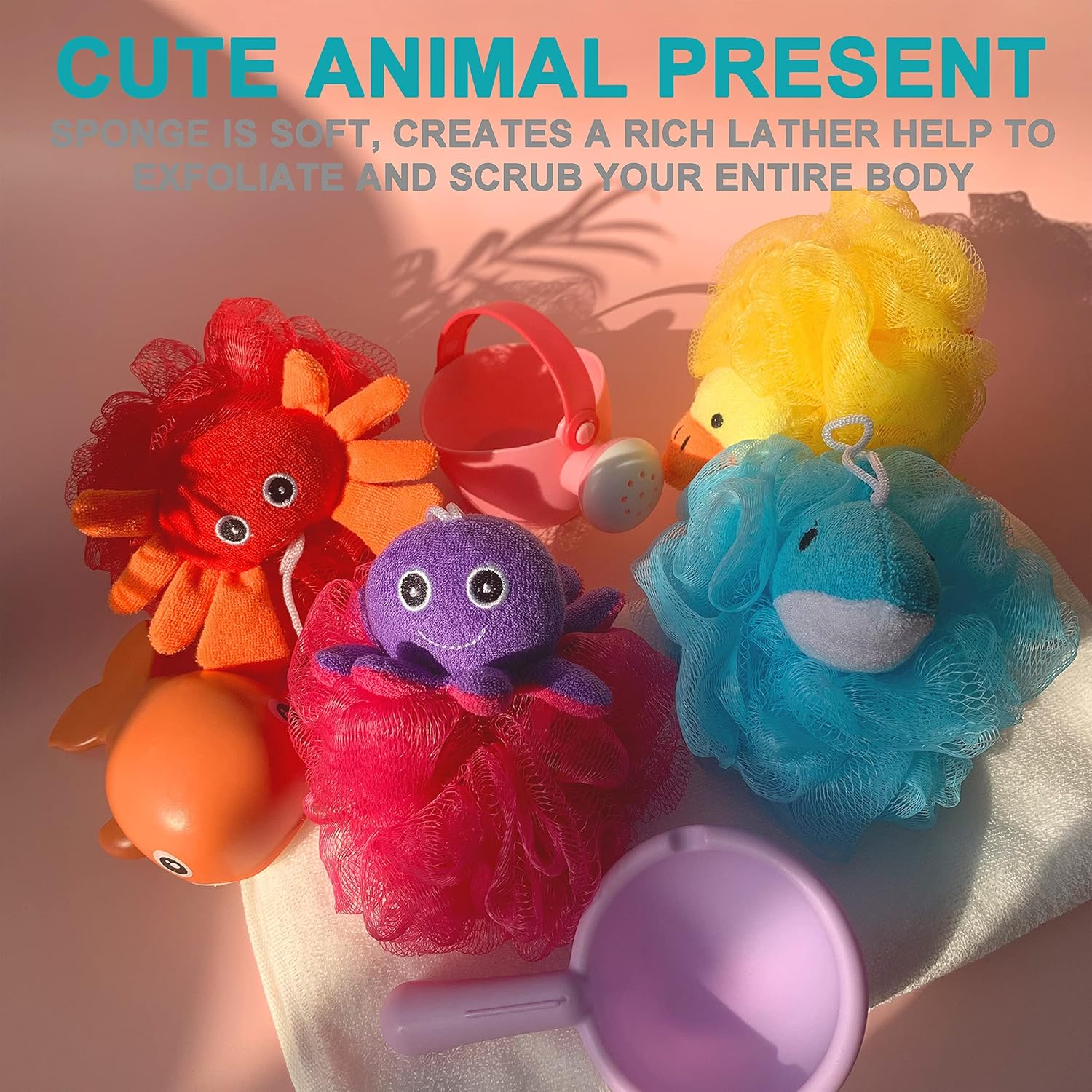Loofah Exfoliating Shower Stuffed Sponge Pouf Mesh Brush with Animal Toys - Bath Spa Puff Scrubber Ball - Body Poof for Children Kids - Rich Foams Bubble（4.7" Each） Pack of 4 : Beauty & Personal Care