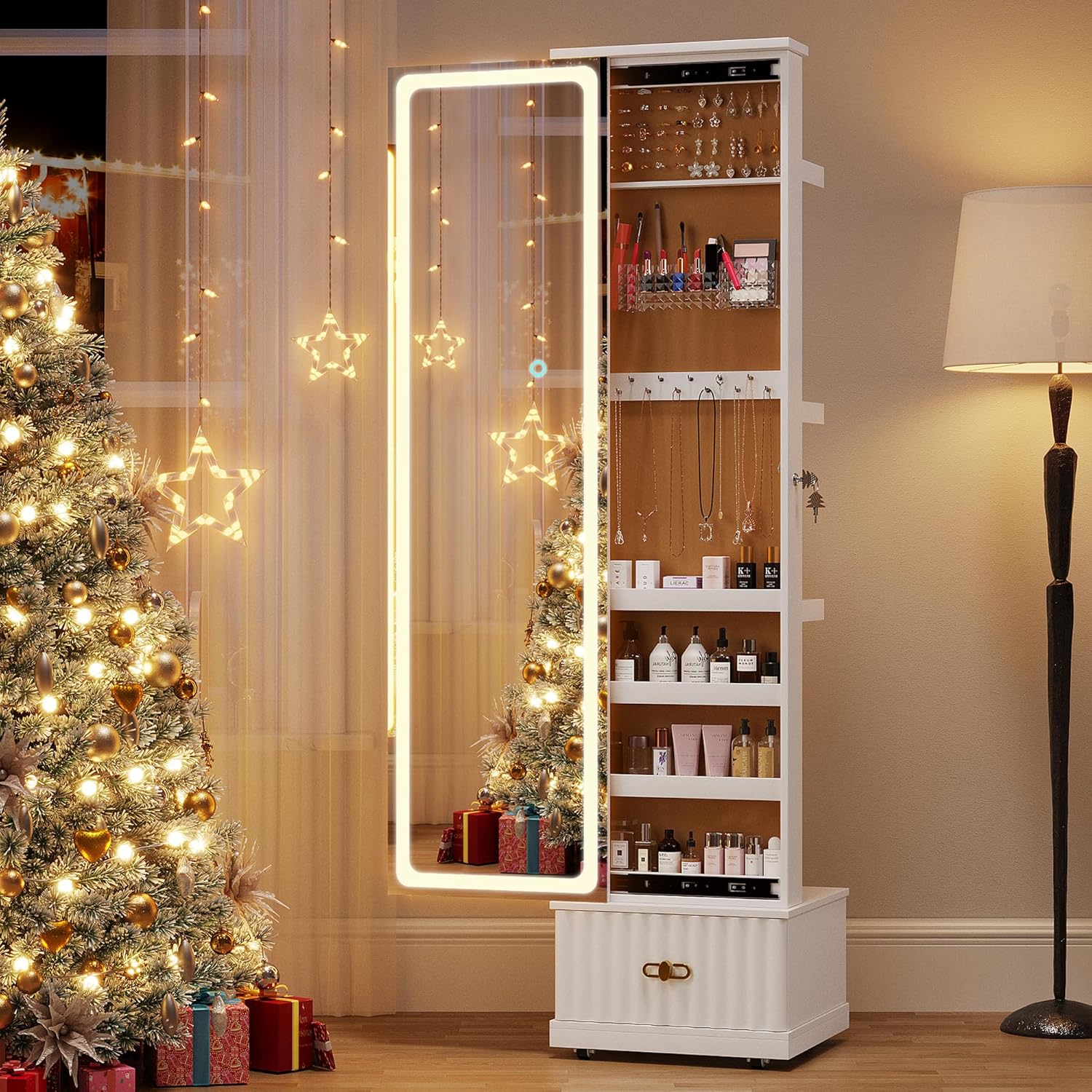 Lvifur Jewelry Cabinet with LED Mirror - Side Sliding Door Jewelry Armoires for Bedroom,Standing Jewelry Organizer with Full Length Mirror&3 Photo Frames&Drawer&Movable Wheels for Cloakroom,White