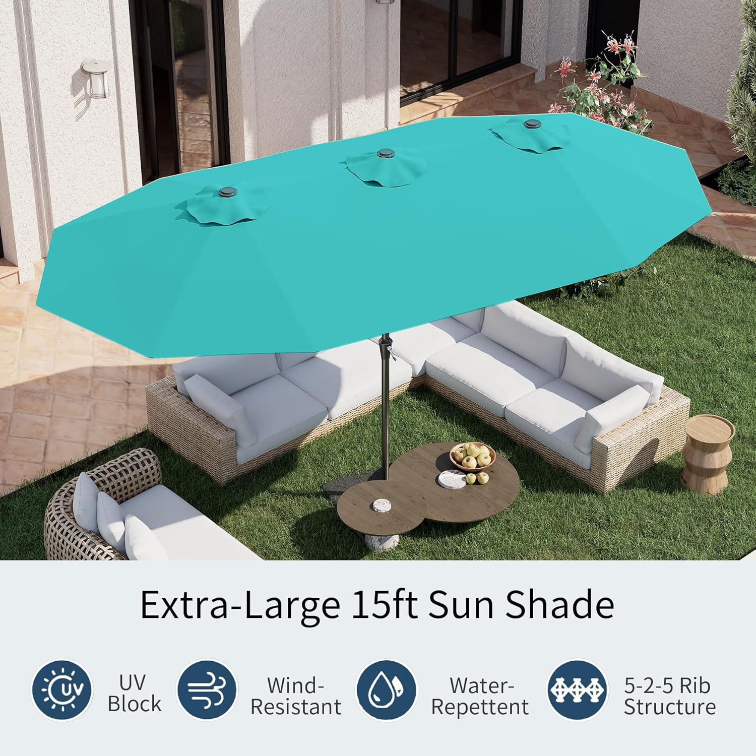 PatioKingdom 15FT Large Patio Umbrella with Base, Double Sided Rectangular Outdoor Umbrella with Sturdy Fiberglass Ribs, Market Umbrella for Pool,Garden,Backyard,Deck (Peacock Blue, 15FT)