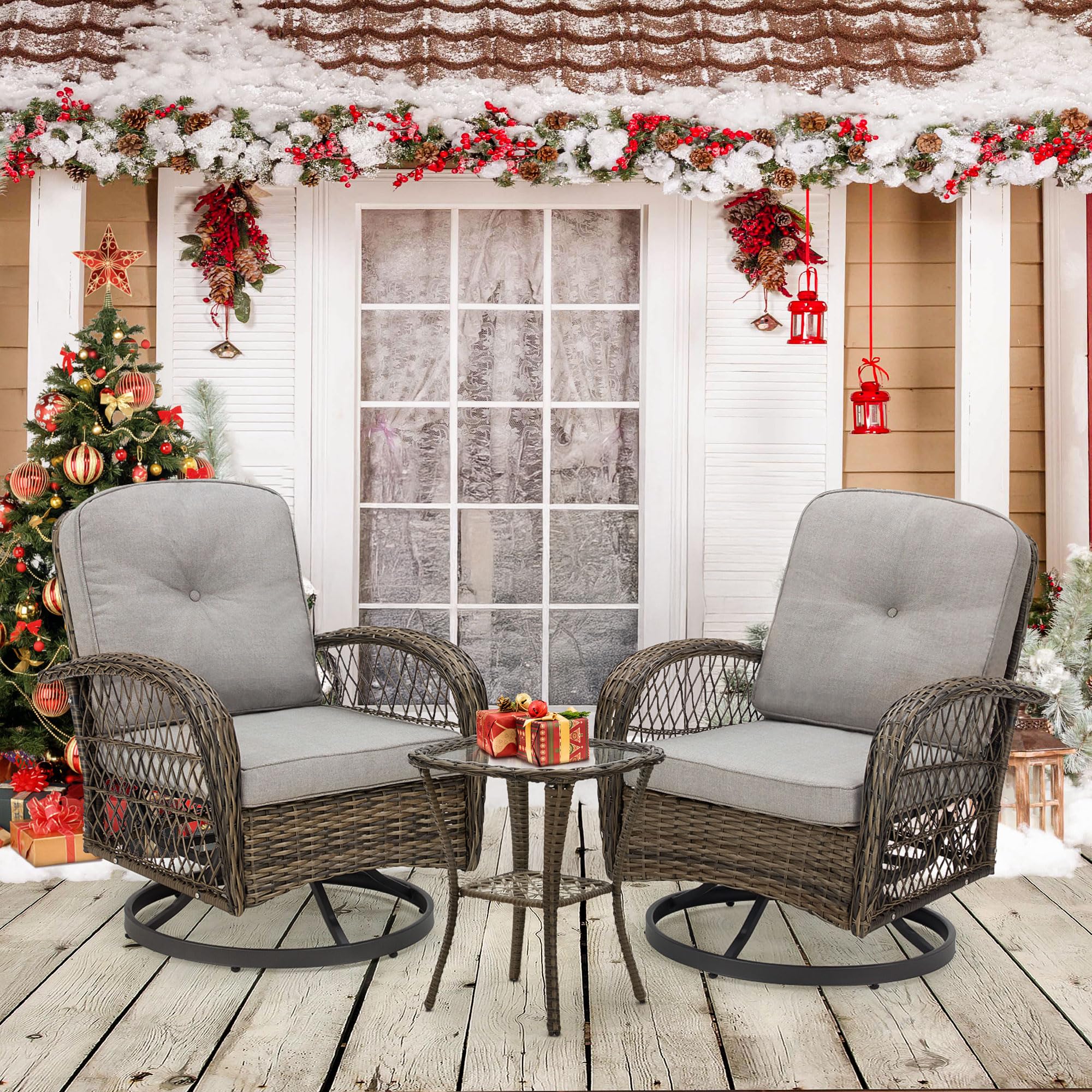 EROMMY 3 Pieces Outdoor Swivel Rocker Patio Chairs, 360 Degree Rocking Patio Conversation Set with Thickened Cushions and Glass Coffee Table for