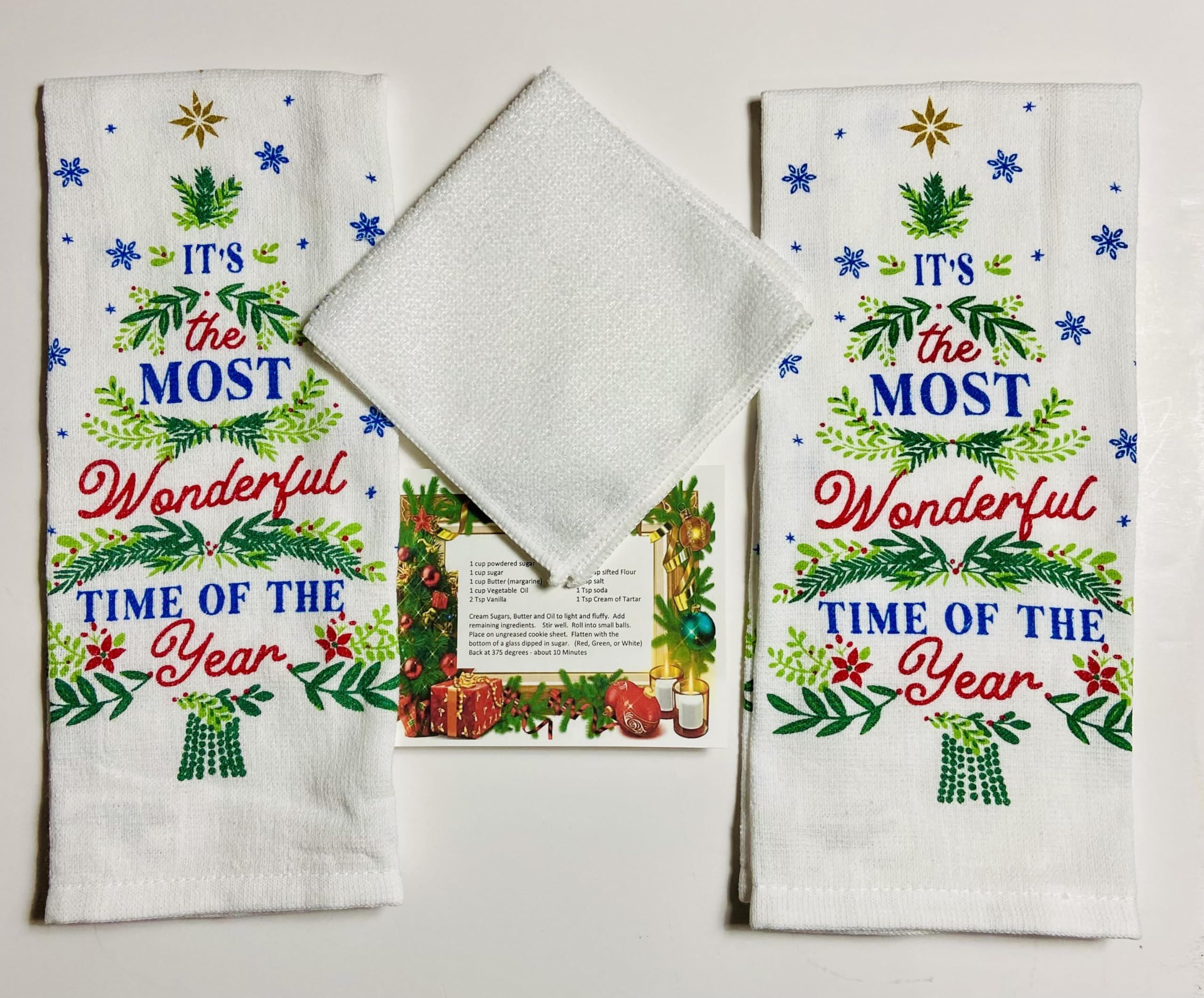 2 Piece Holiday Style Christmas Kitchen Towel Set with Christmas Recipe. (It's The Most Wonderful Time of The Year) Set has 2 Towels and 1 Dish Cloth