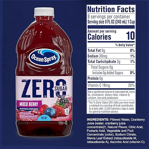Miniatura 2 de Ocean Spray ZERO Sugar - Bebida de jugo de bayas mixtas, bebida de jugo de arándano endulzado con stevia, botella de 64 onzas líquidas