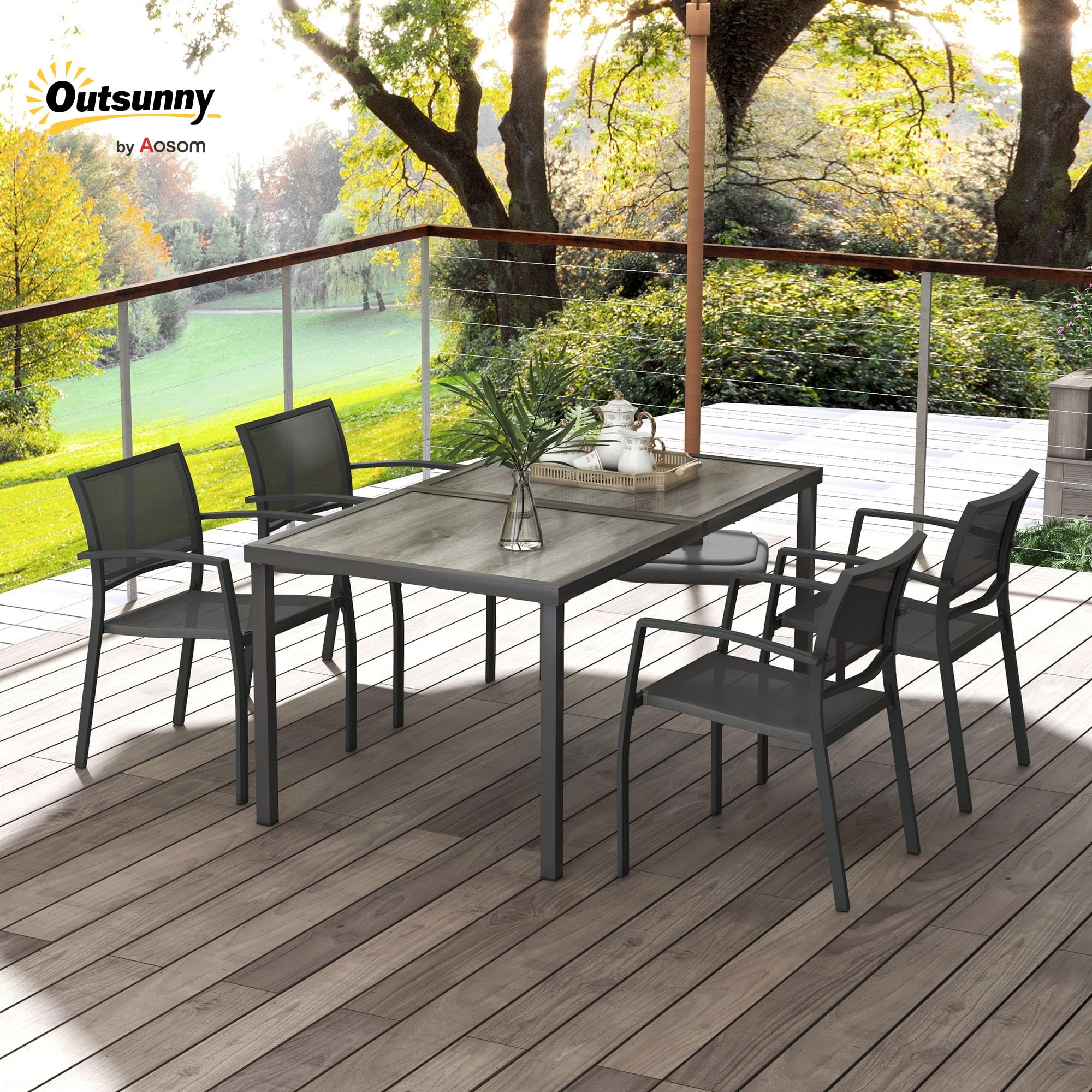 Outsunny 5 TLG. Sitzgruppe Gartenmöbel-Set, Gartengarnitur mit 1 Esstisch, 4 stapelbaren Stühlen, Sitzgarnitur, für Terrasse, Mesh, Dunkelgrau