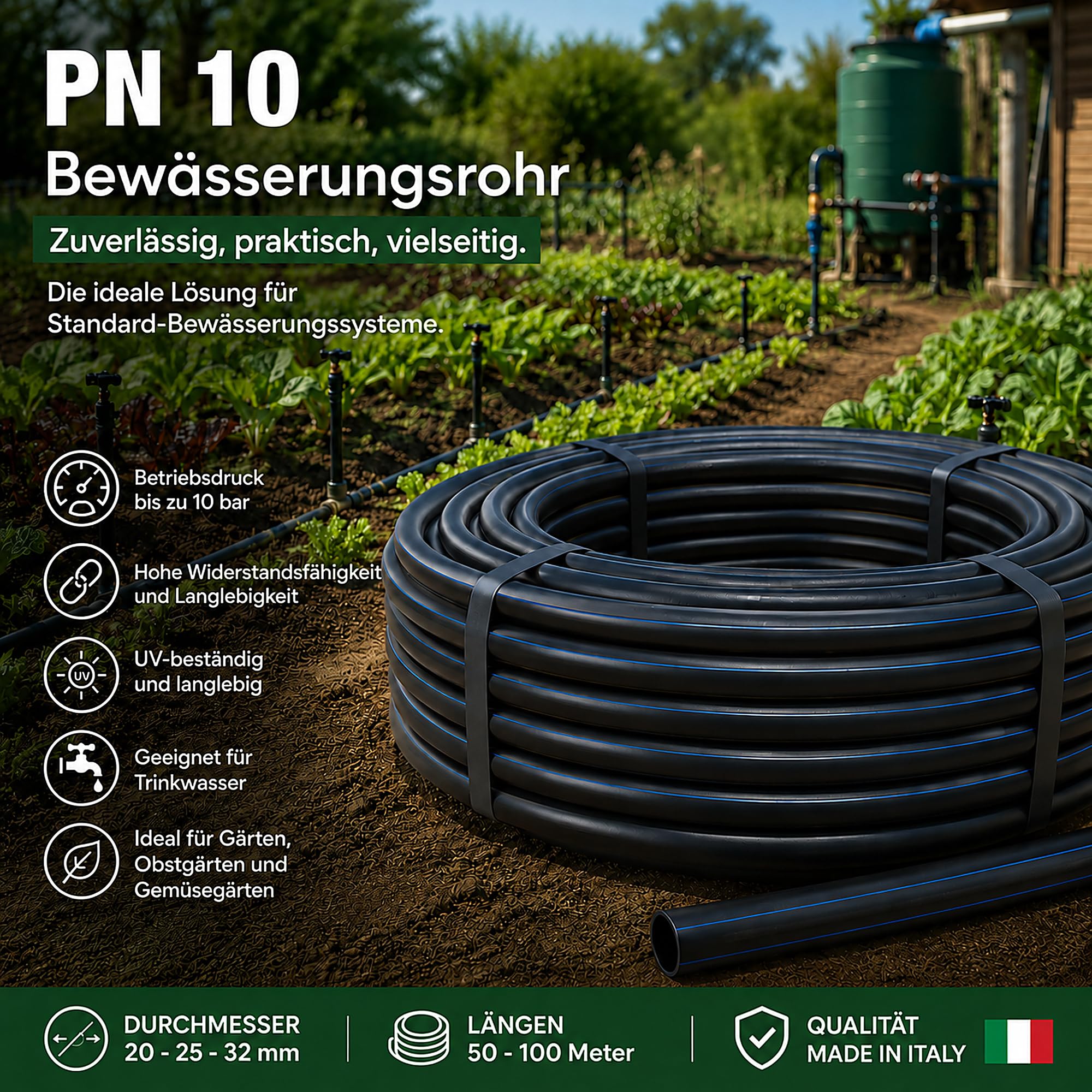 ESTO Bewässerungsschlauch 10 PN 50 oder 100 Meter Durchmesser 20 25 32, Gartenschlauch aus Polyethylen mit hoher Dichte, Bewässerung mit hohem Druck, für Gemüsegarten, Garten, Bewässerungsschlauch (25