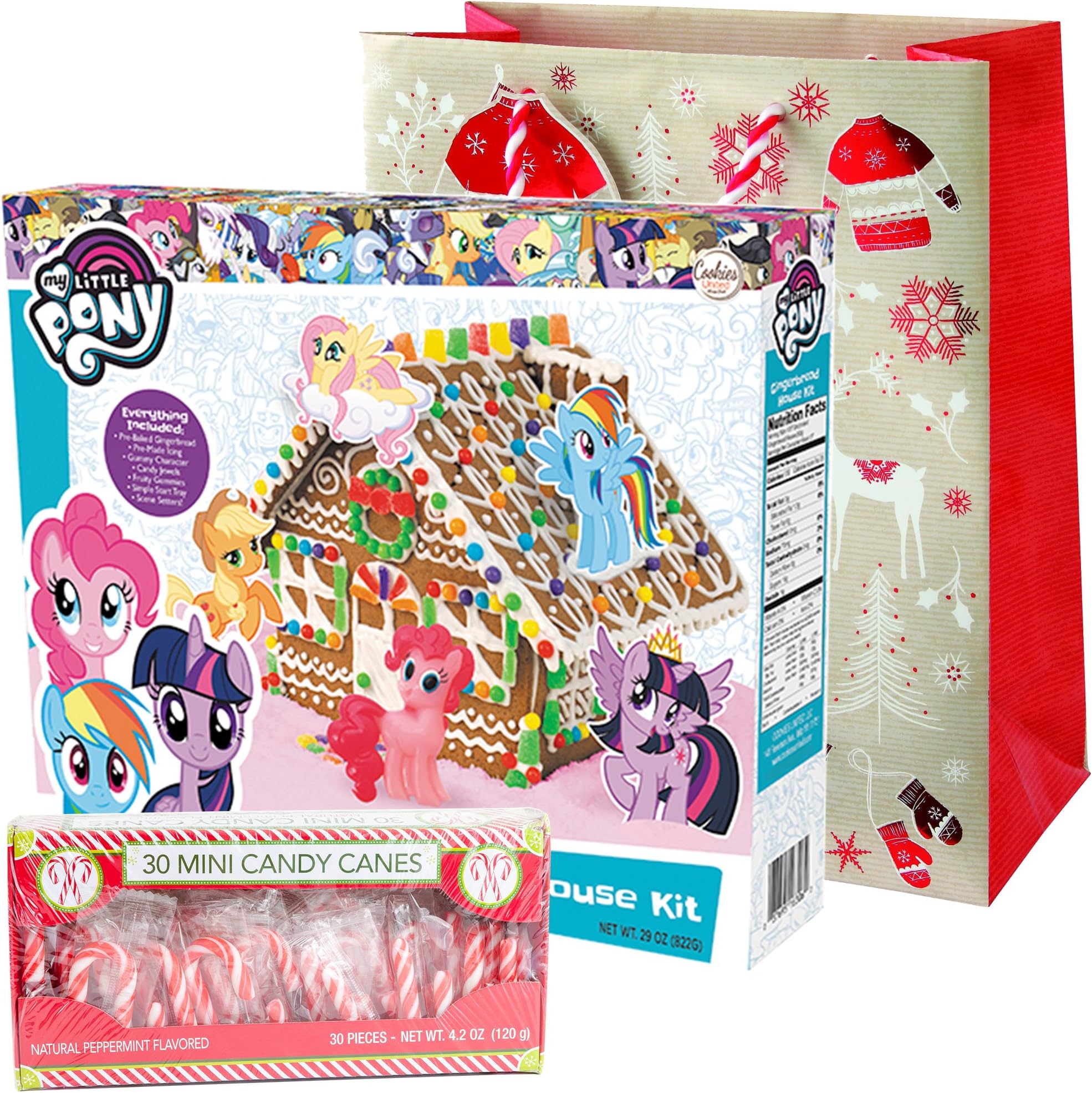 My Little Pony Gingerbread House Kit Pre-baked + Pack of 30 Mini Peppermint Candy Cane + Holiday Themed Gift Basket Bag | Christmas DIY Large 29 Oz Kit | Horses Gummies Pre-made Icing Sprinkles Tray