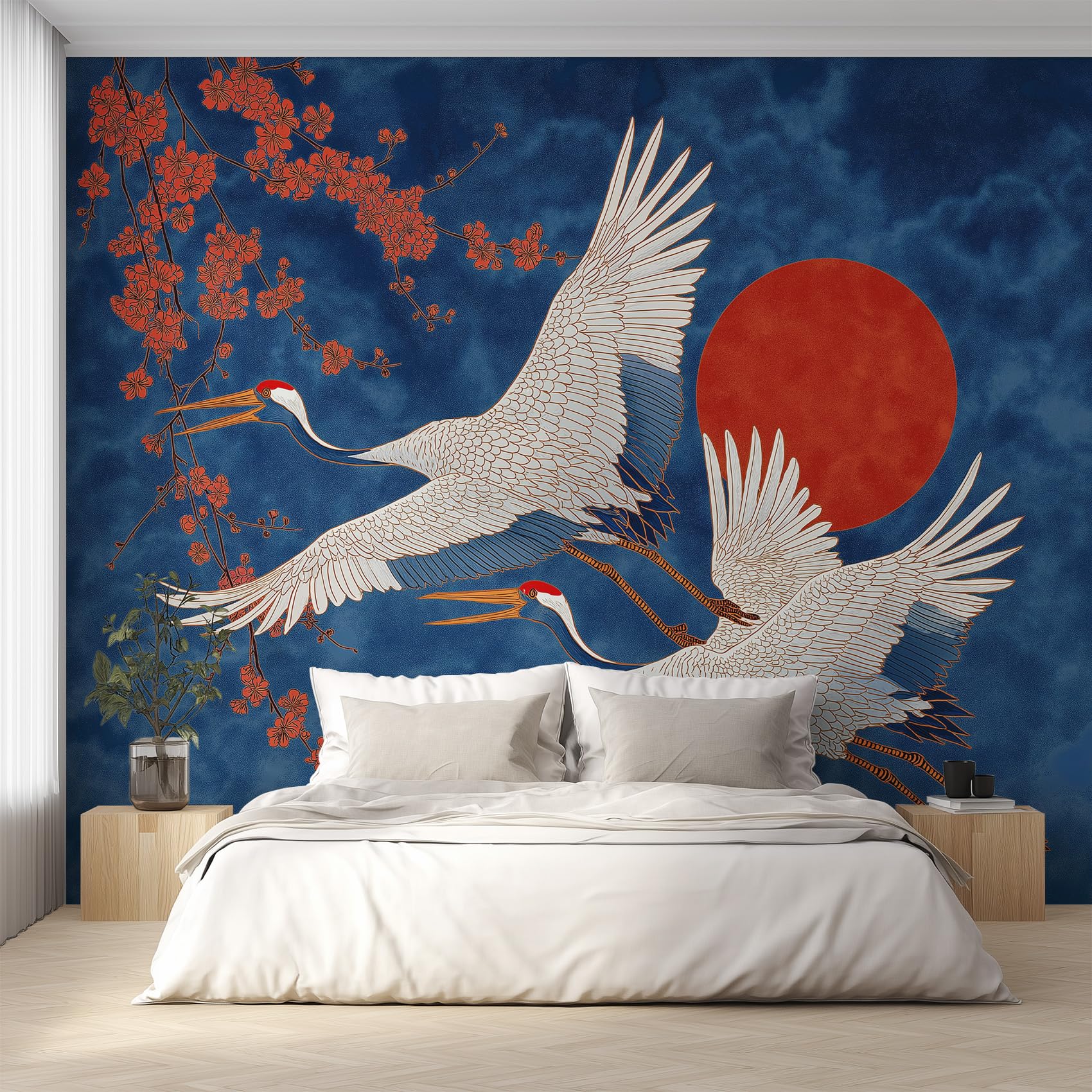 Papier peint panoramique grue japonais decoration murale salon 366cm