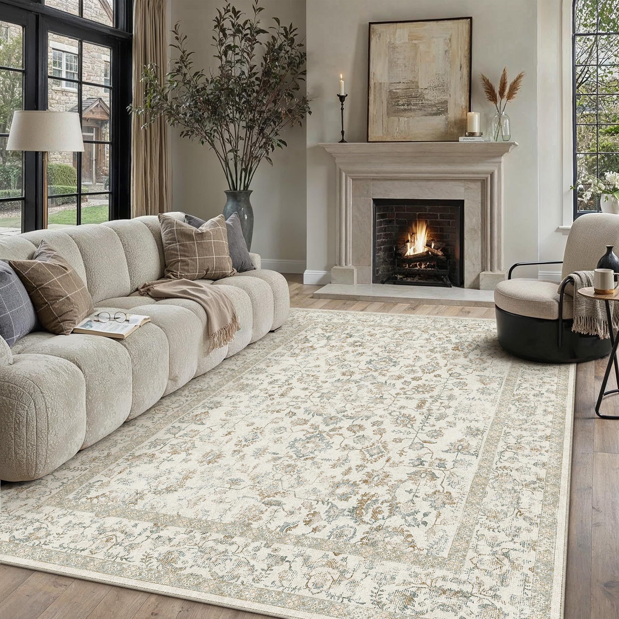PureCozy Vintage Waschbarer Grau Teppich klein Carpet Kurzflor rutschfest Boho Rug