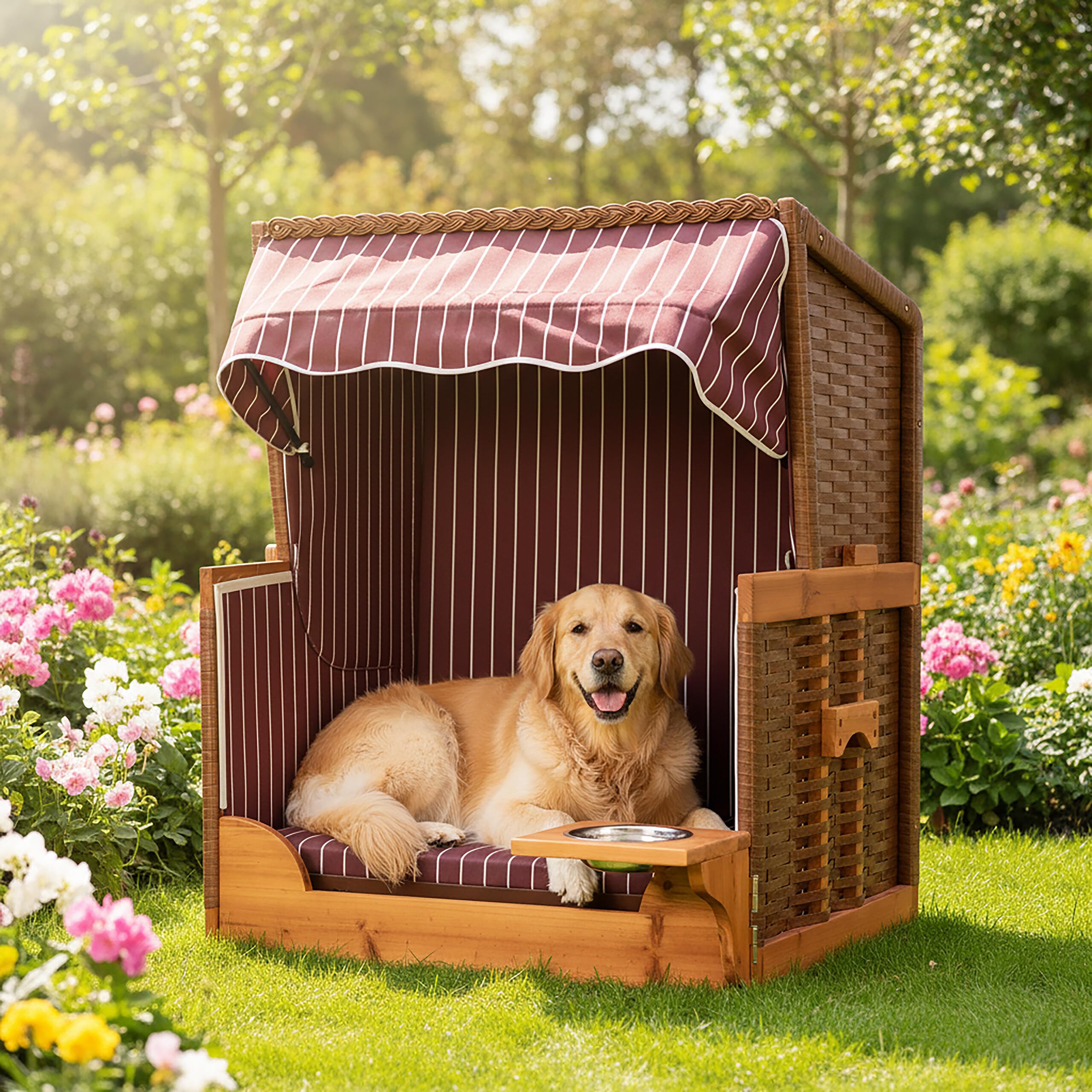 Relaxdays Fauteuil Chien en rotin avec Toit et gamelle, 95x75x65 cm, Jardin/terrasse, Bois, Rouge foncé