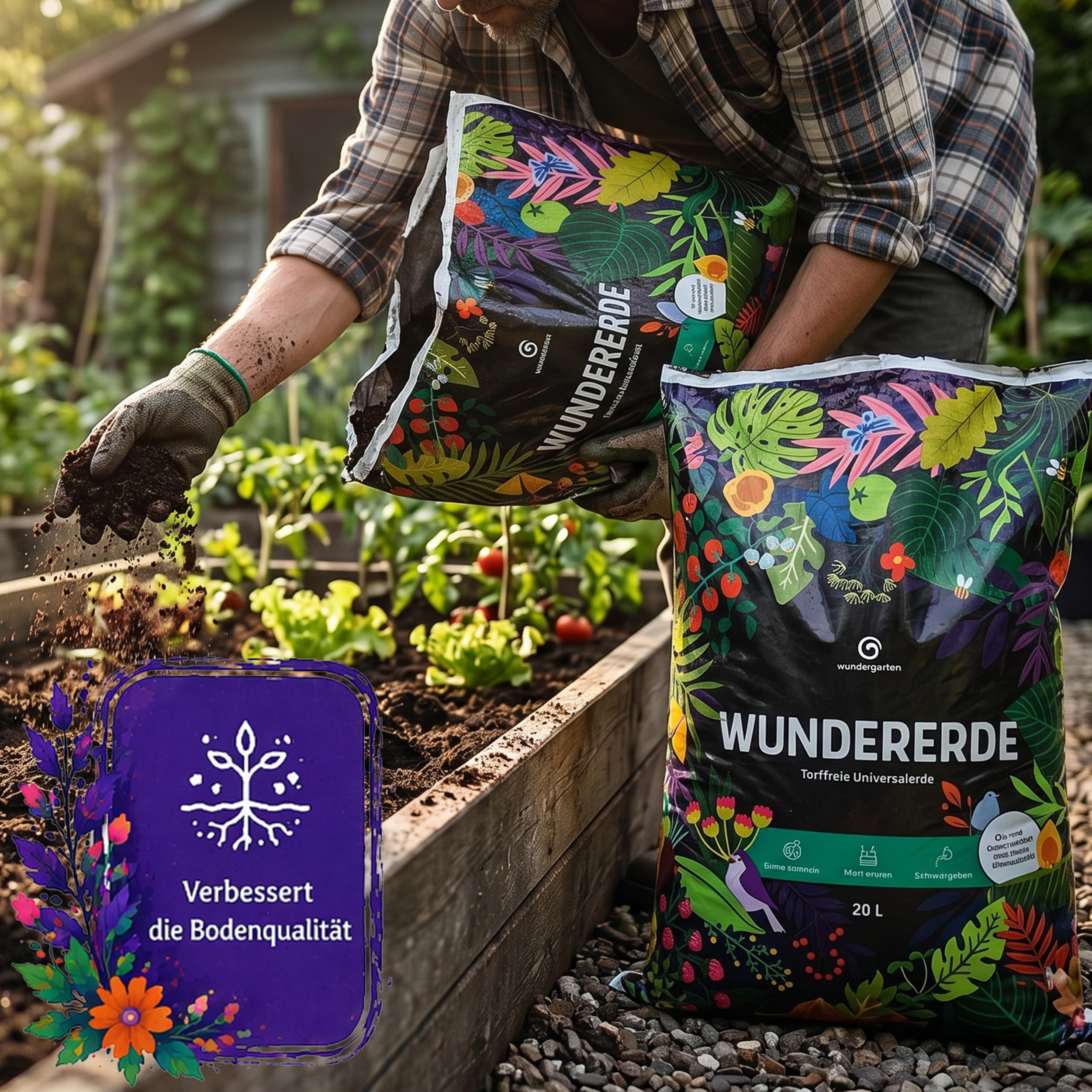 6X 20L Bio Universalerde torffrei – Mit Pflanzenkohle – Wundergarten Wundererde – Blumenerde für Zimmerpflanzen, Balkon & Garten – Weniger Gießen & Düngen