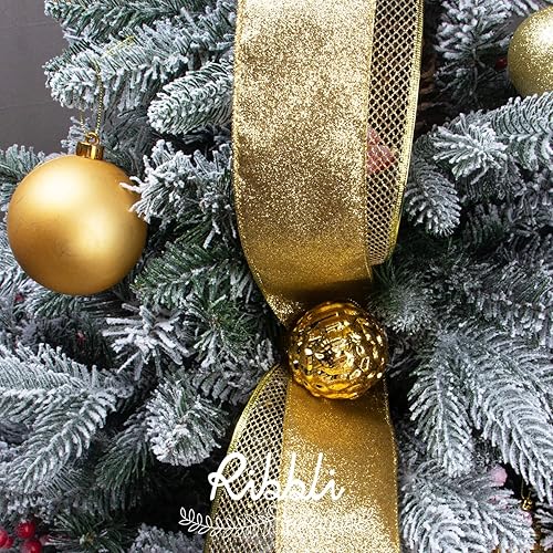 Miniatura 5 de Ribbli Cinta dorada para árbol de Navidad, cintas con alambre con purpurina para árbol, manualidades, envoltura de regalos, coronas, guirnaldas,