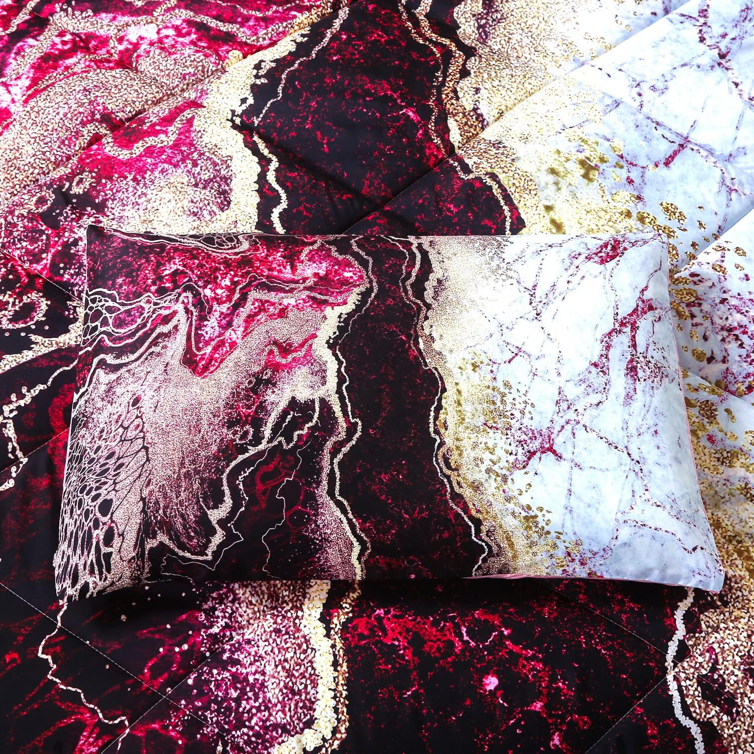 Marble Comforter Set red Queen Size，3 Pieces (1 Comforter + 2 Pillowcases) Volcanic Lava Watercolor Pattern Design, Ultra Soft silkly Microfiber Quilt for All Seasons (Queen, Red)