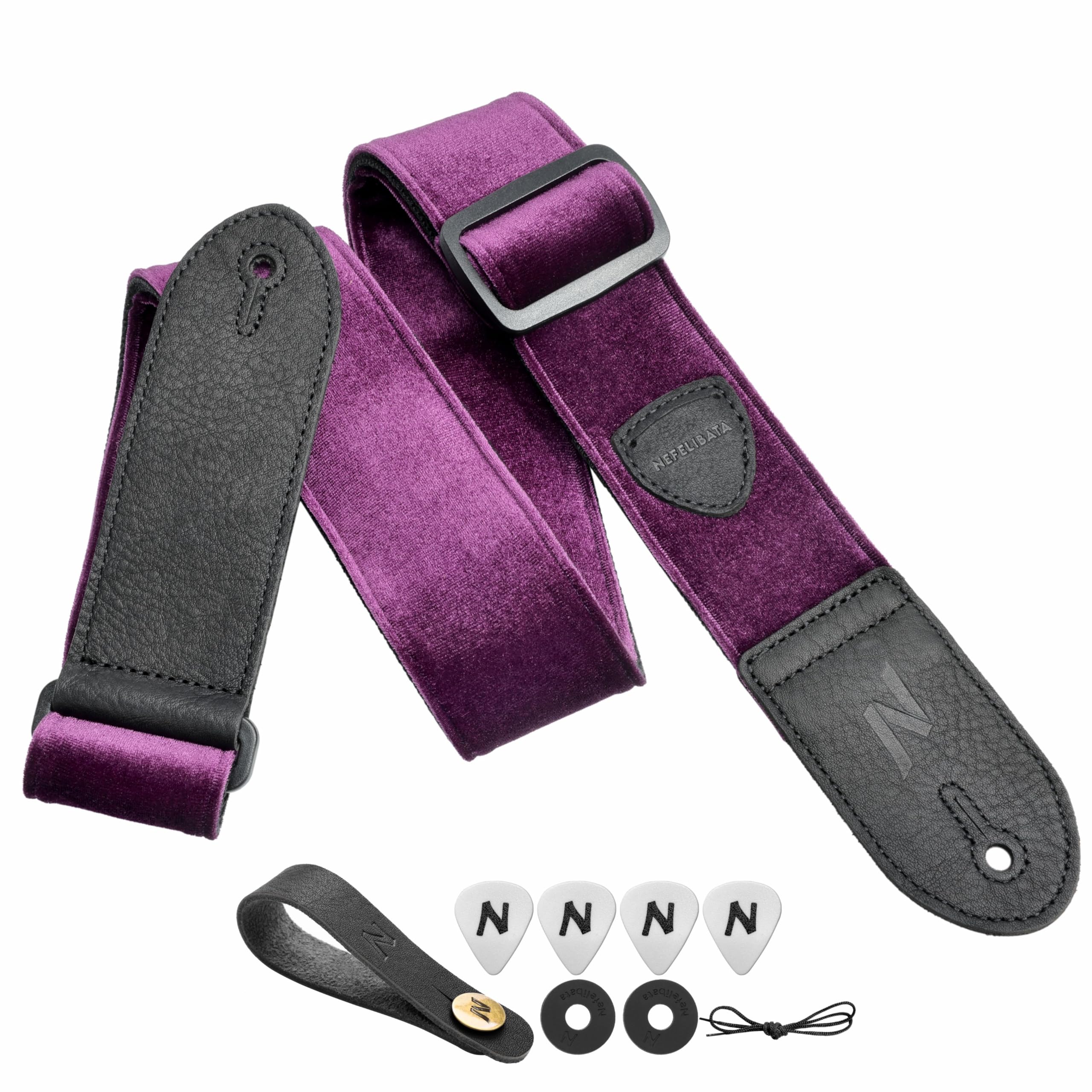 Nefelibata Guitar Strap,Double Full-Grain Leather Ends,Vintage Velvet Strap/FREE BONUS-4 Picks+Locks+Strap Button,Gift For Bass,Electric&Acoustic Guitars(Vintage Charming Purple)
