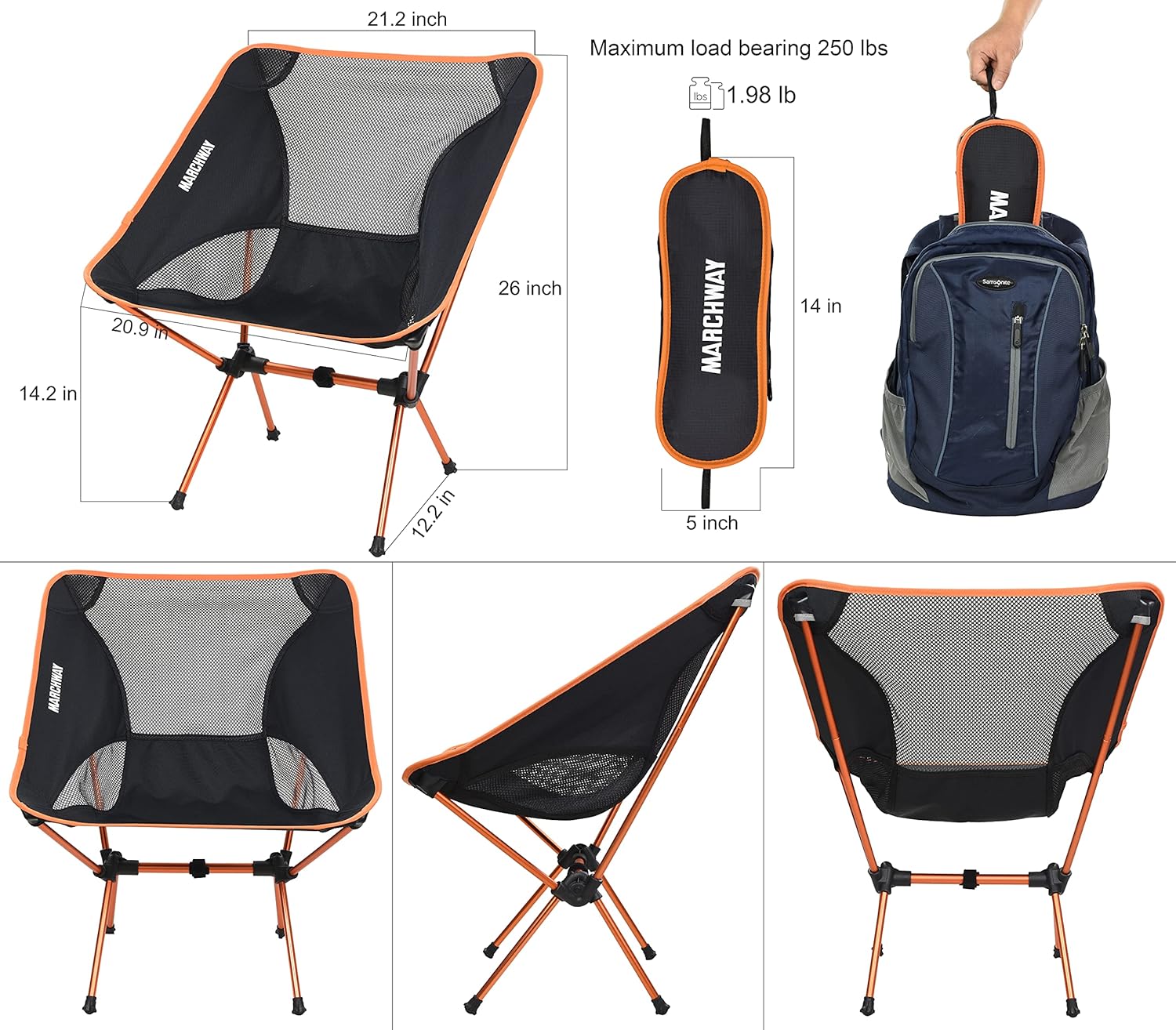 MARCHWAY Ultralight Folding Camping Chair, Portable Compact for Outdoor Camp, Travel, Beach, Picnic, Festival, Hiking, Lightweight Backpacking (Orange) : Sports & Outdoors