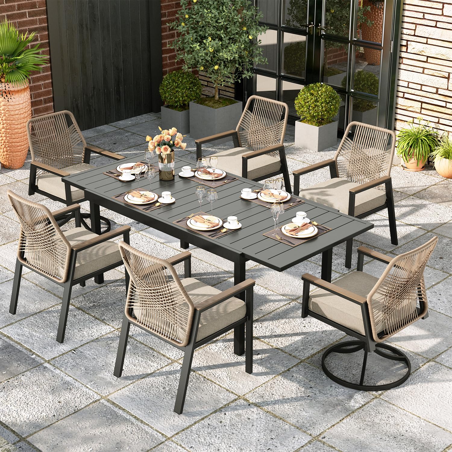 MIXPATIO Patio Dining Set, Extendable Metal Table, 6 Rattan Chairs, Beige