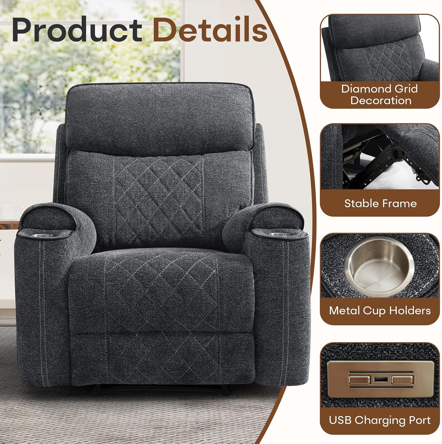 2-Piece Electric Recliner Sofa Set with Charging Port, Include Single Power Reclining Chair and 3-Seater Reclining Sofa for Living Room, Dark Grey