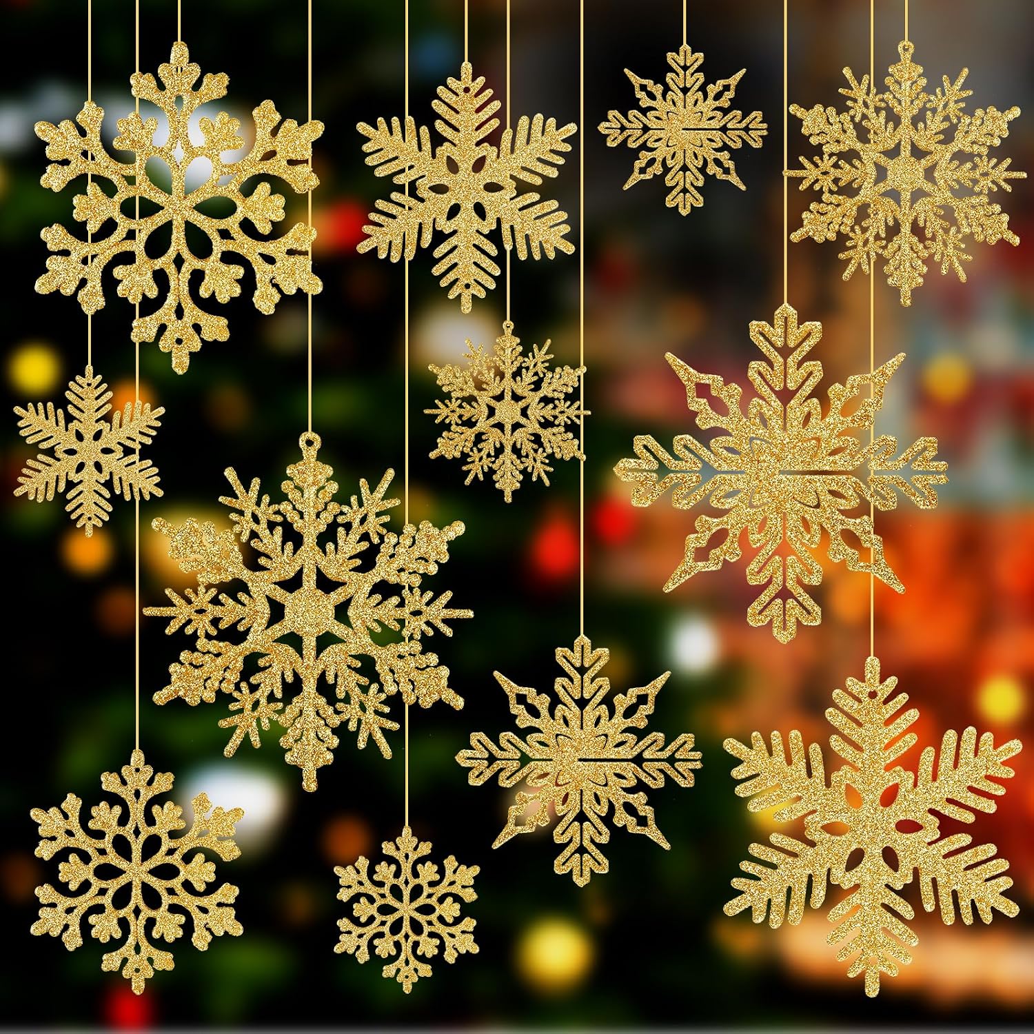 Chlorine 52 Pieces Gold Glitter Snowflake Ornaments Snowflake Decoration for Christmas Tree Decoration Window Door Accessories New Year's Eve Party Decorations