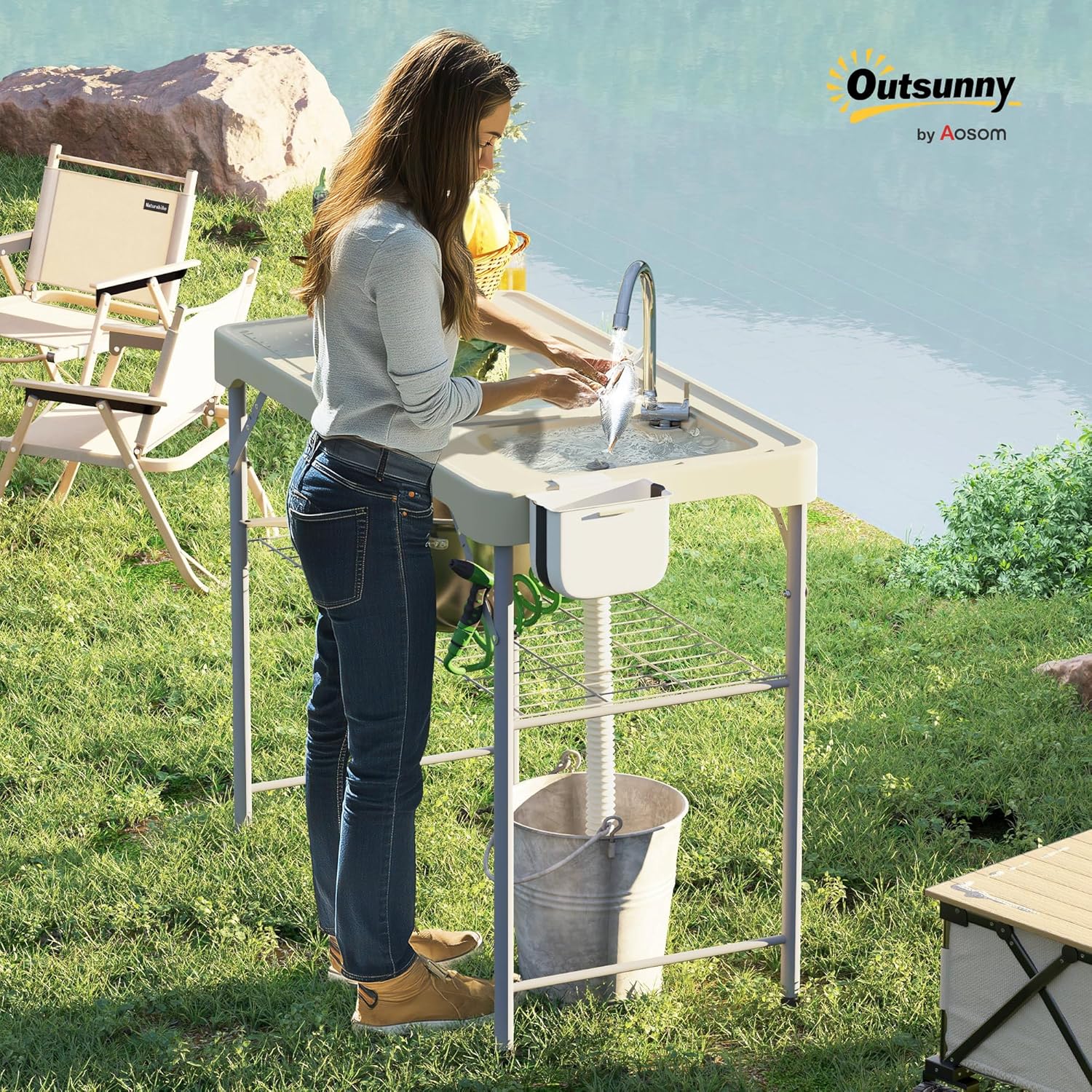 Outsunny Folding Fish Cleaning Table with Sinks, Portable Camping Sink Table with Faucet, Drainage Hose, Sprayer, Shelf, Drawer and Storage Basket, Outdoor Fillet Table for Picnic Beach Patio, Tan