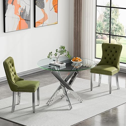 Miniatura 54 de Juego de 4 mesas de comedor redondas de vidrio para 4, juego de mesa de cocina pequeña para 4, mesa redonda de vidrio de 35 pulgadas, juego de 4 4