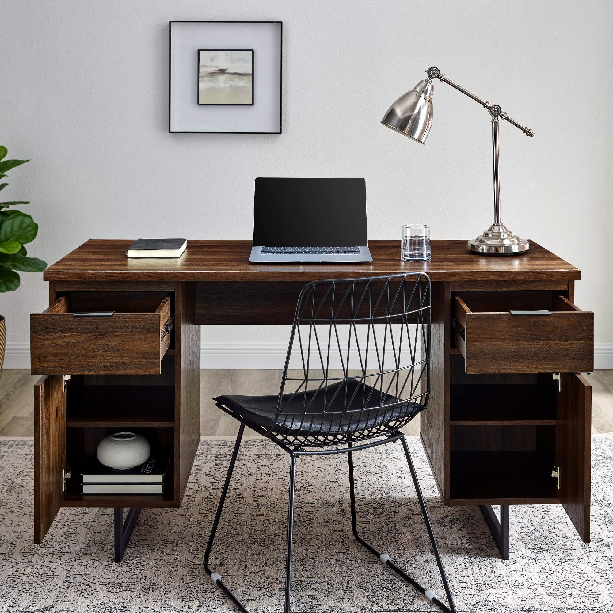 Walker Edison Modern Executive Desk with Dual Storage Home Office Workstation Small, 54 Inch, Dark Walnut
