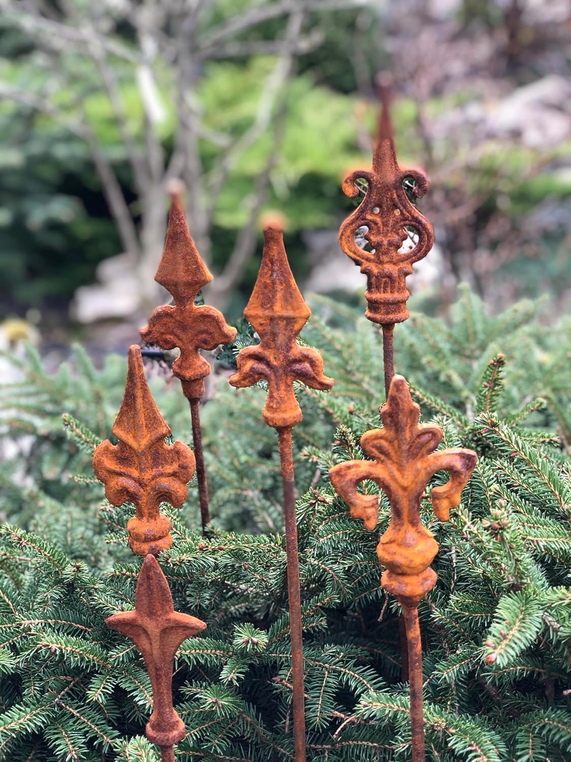 Rusty finials Set of 6, 6 Rusty finials Garden Stakes, Metal Garden Decor, Outdoor Rusty Metal Garden Decor