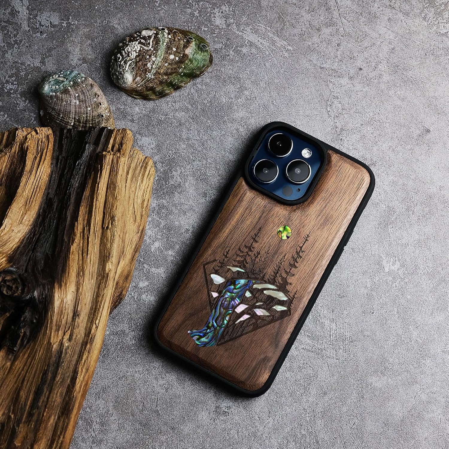 Carveit Wooden Case for iPhone 15 Pro Magnetic Case, Compatible with MagSafe Wireless Chargers, Shockproof Cover, Handmade Shell Inlaid & Wood Artisan Engraved (Forest and Waterfall) Walnut