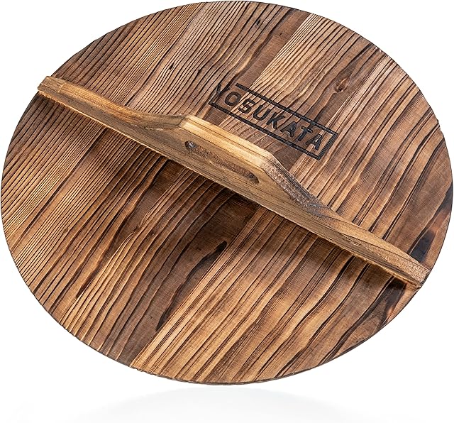 YOSUKATA Cast Iron Wok Cover - Premium Wok Cover 36 cm/14" Pan Lid - Wooden Wok Lid 36-cm with Ergonomic Handle - Condensate-Free 36 cm Pan Lid - Durable Wok Accessories for Genuine Asian Cooking