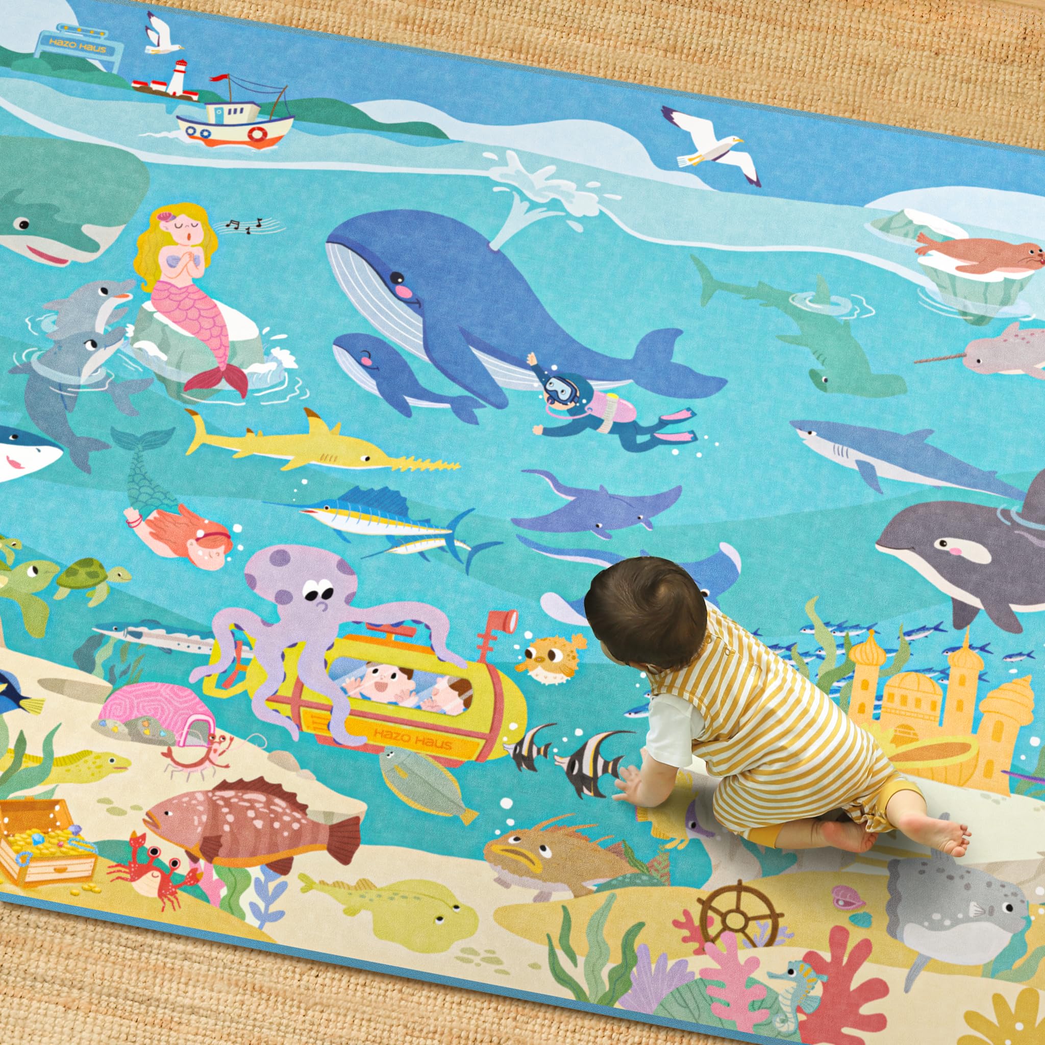 Blue Ocean Themed Rug for Kids Room – 5x8 Underwater Area Rug with Sea Creatures &amp; Mermaid, Washable Non Slip Crawling Carpet for Bedroom or Playroom
