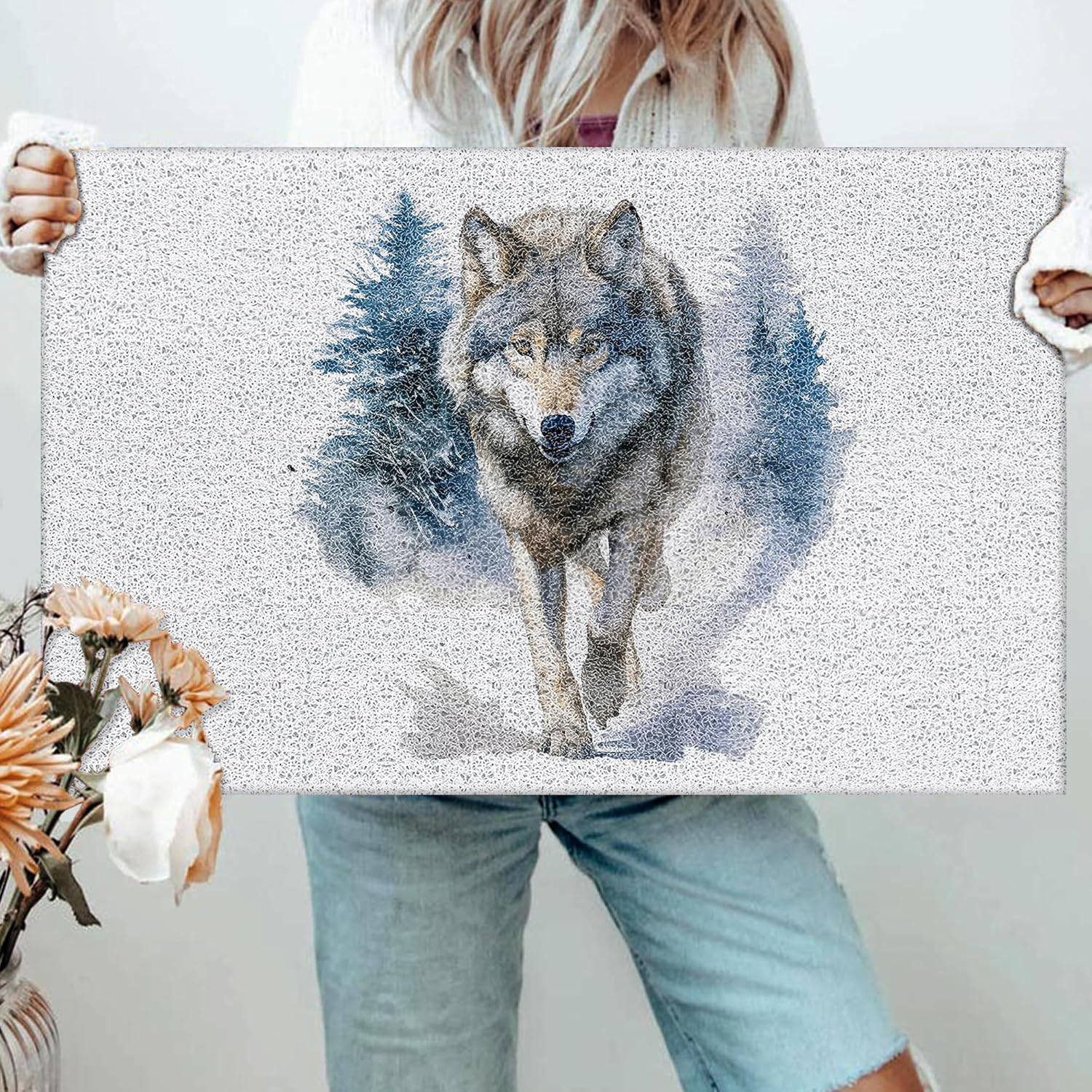 Gray Wolf Door Mat, Wolf Lover Gifts Doormat Non-Slip for Front Door Porch Indoor Outside Entrance Entryway, Animal Lover Gifts for Women Men, Forest Wild Animal Welcome Mat, 17x30 Inch