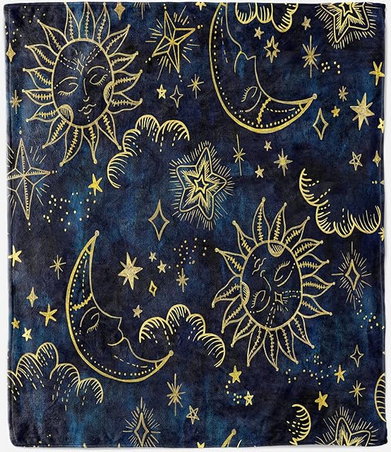 ANHOPE Astrology Throw Blanket Soft Lightweight Flannel Fleece Blanket with Space Sun Moon Stars Print Pattern for Couch Sofa Bed Travel All Season Decor Blanket for Baby Kids Boys Girls 100 x 130 cm