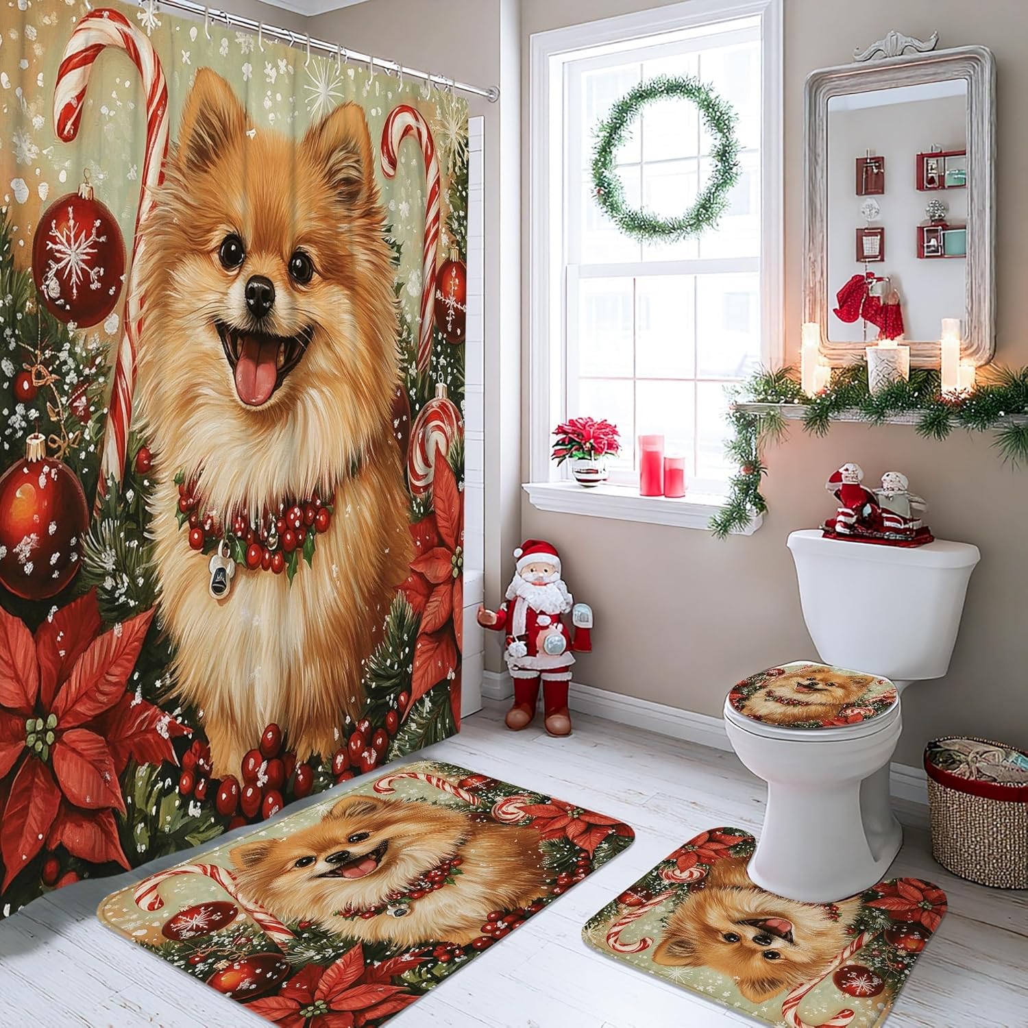 4PCS Christmas Pomeranian Dog Bathroom Sets with Non-Slip Rug, U Shape Toilet Lid Cover Mat, Xmas Candy Poinsettia Puppy Bathroom Decoration 72''x72''