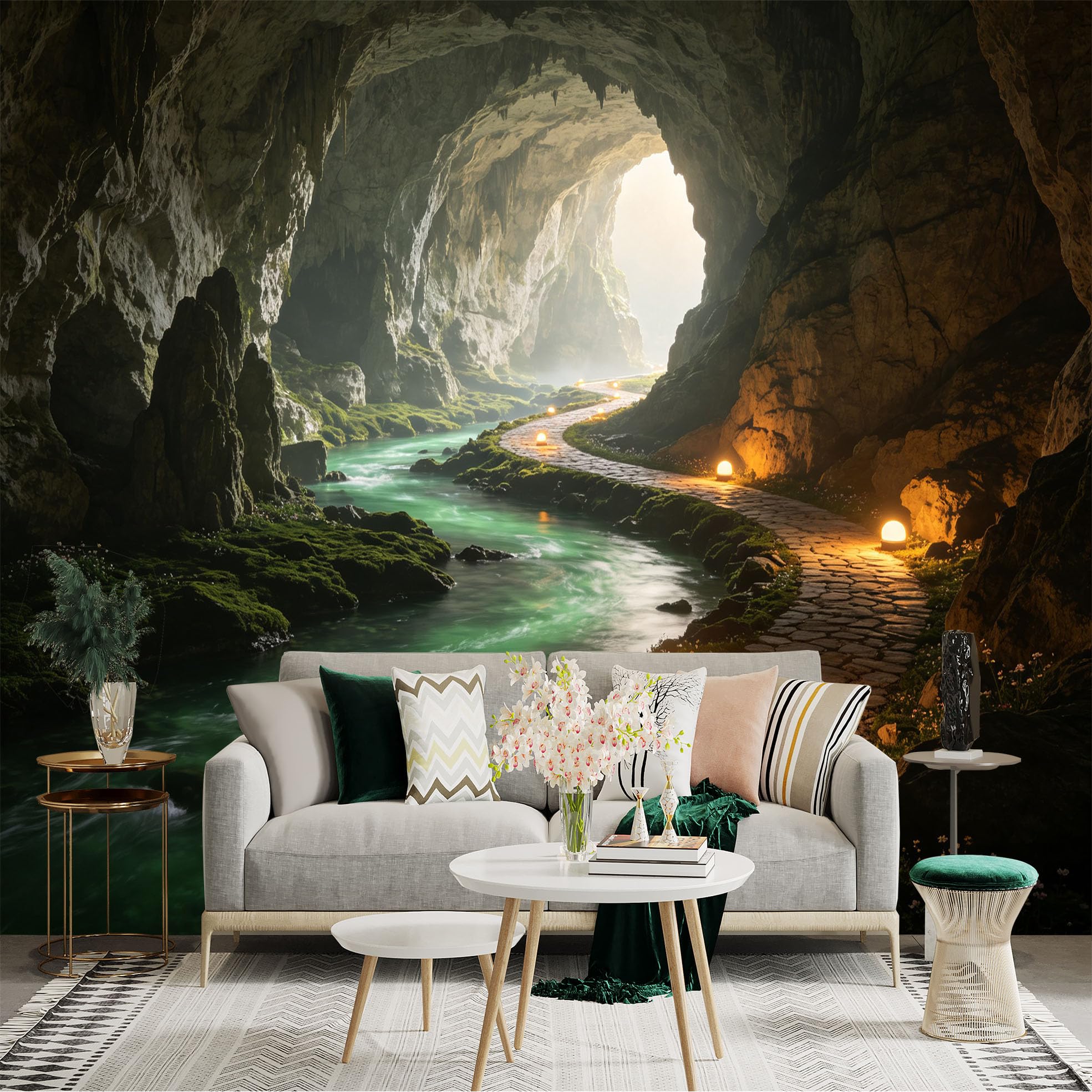 Custom Size Wall Sticker Mural， Natural Underground Cave， Glowing Stone Path and Green River， Scenic Limestone Cavern View， for wall Decoration， peelandstick wall Decals.