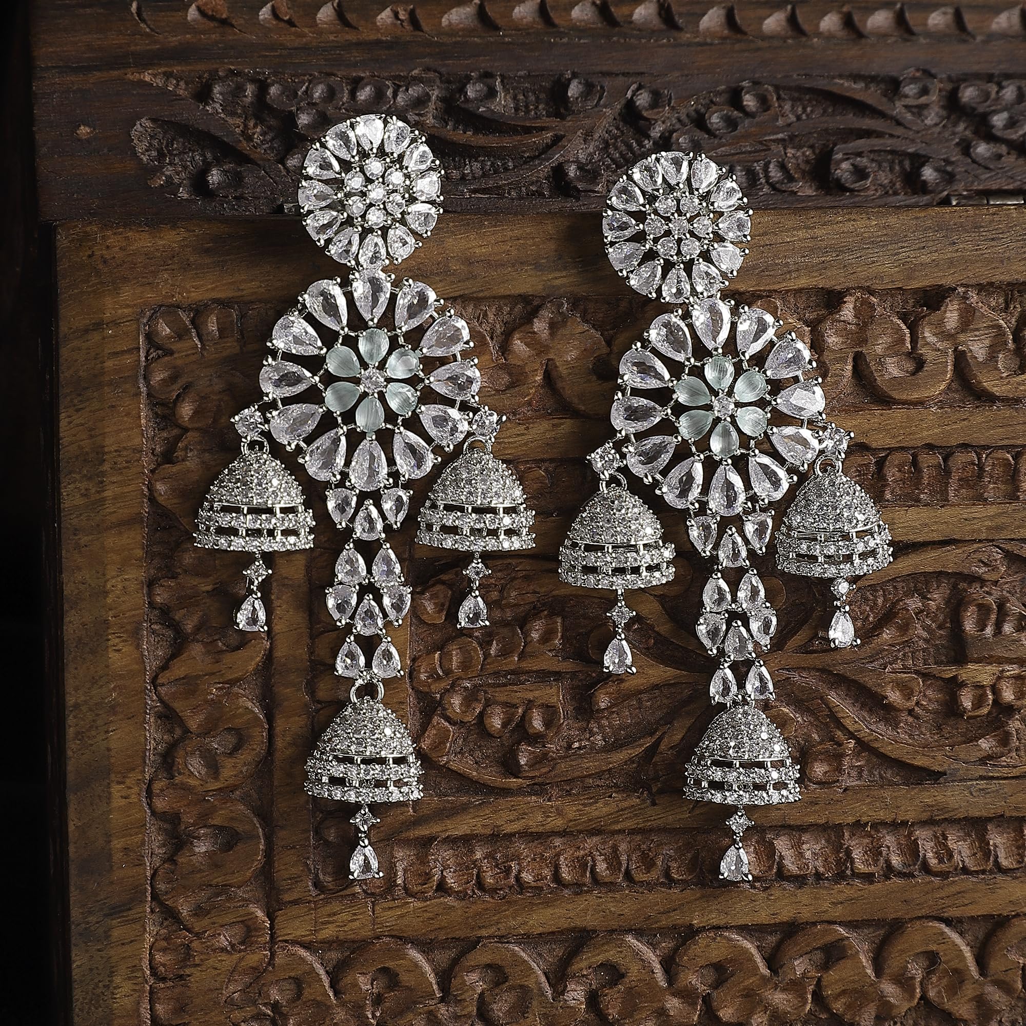 Rhodium-Plated Circular Drop Earrings with American Diamond Studs