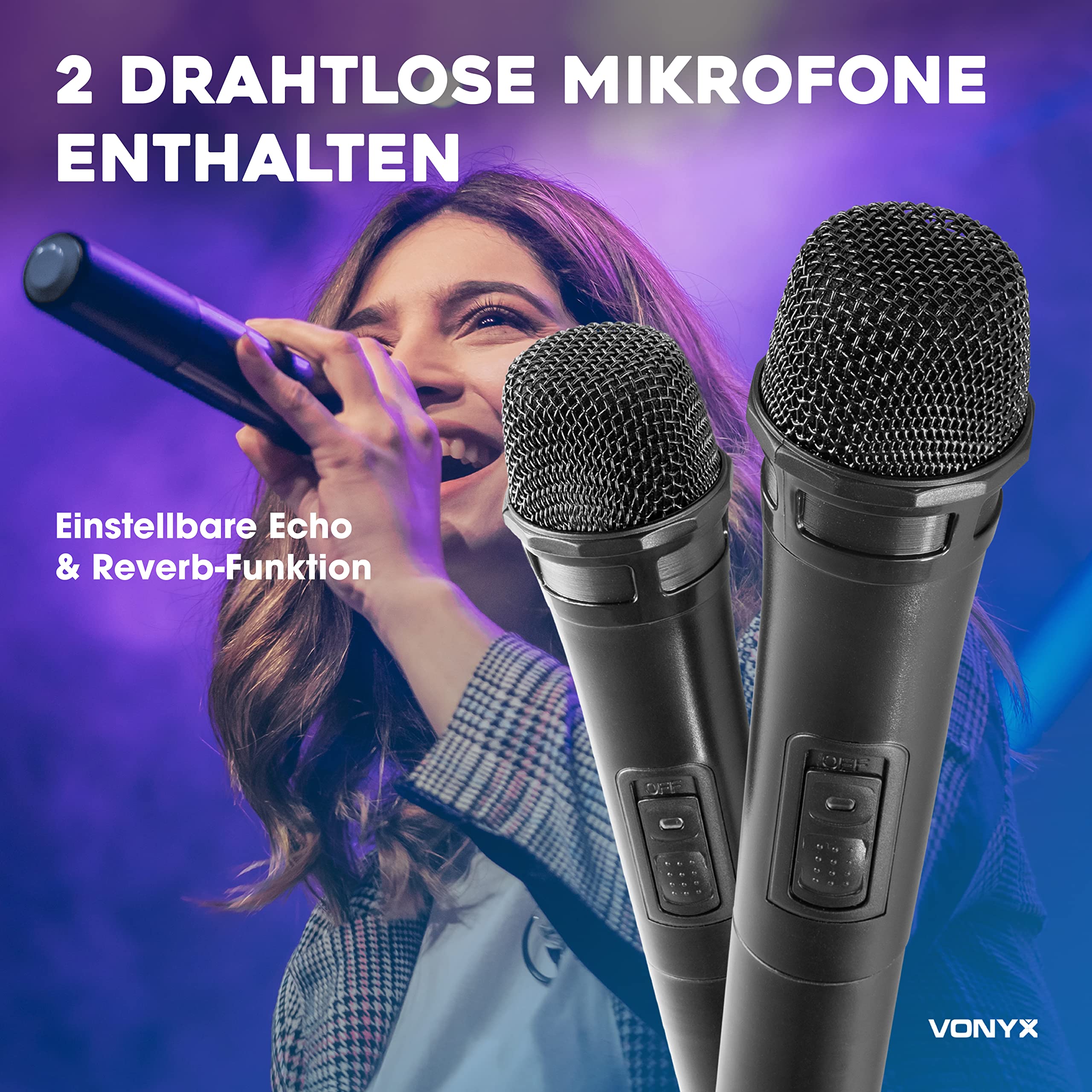 Vonyx VSA700 Partybox Bluetooth Lautsprecher Groß 1000W, 8 Std Akku, Mobile PA Anlage Komplettset mit 2 UHF Hand Mikrofonen und Fernbedienung - Mobile Musikbox Groß, USB, SD, MP3, Schwarz