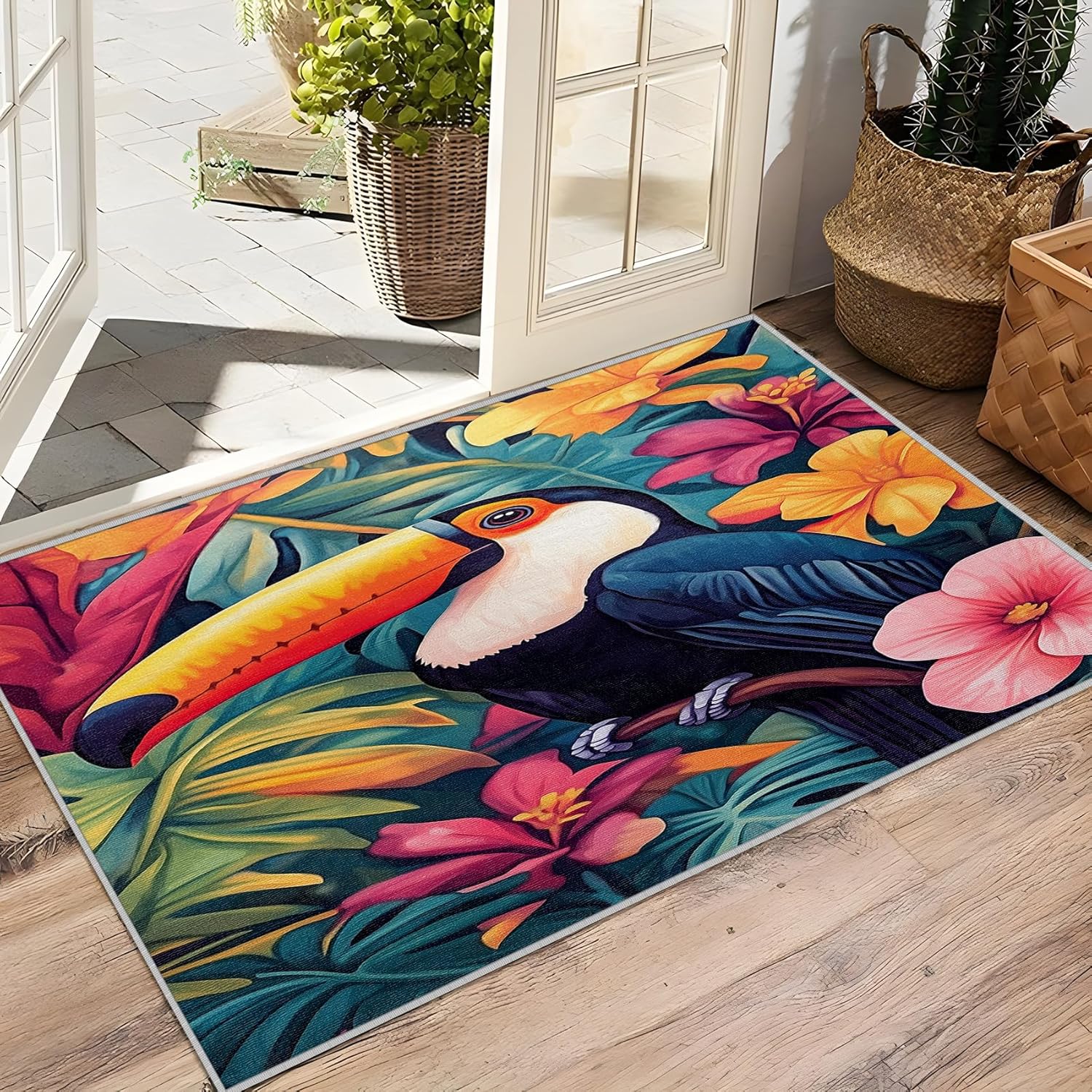 Tropical Rugs for Bedroom - 2x3 Rug, Toucan Area Rug, Tropical Leaves Washable Non Slip Soft Rugs, Jungle Bird Carpet, Retro Floral Home Decor, Toucan Gifts for Women