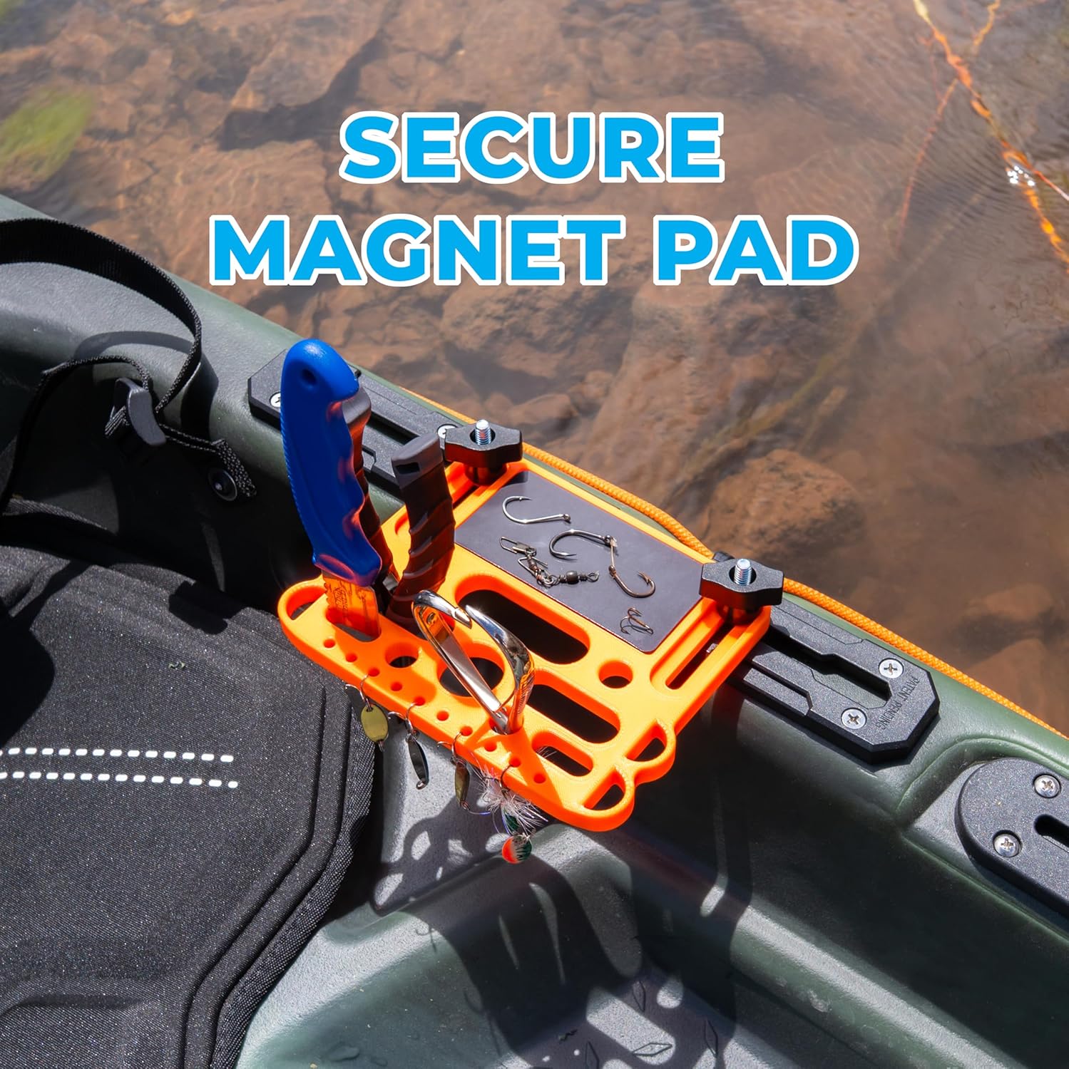 Kayak Tool Holder with Magnetic Hook Pad – Track Mount T-Track Organizer for Pliers, Lures & Gear – No Drill Rail Mount – Fits YakAttack, Hobie & More – PETG + 316 Stainless – Made in USA