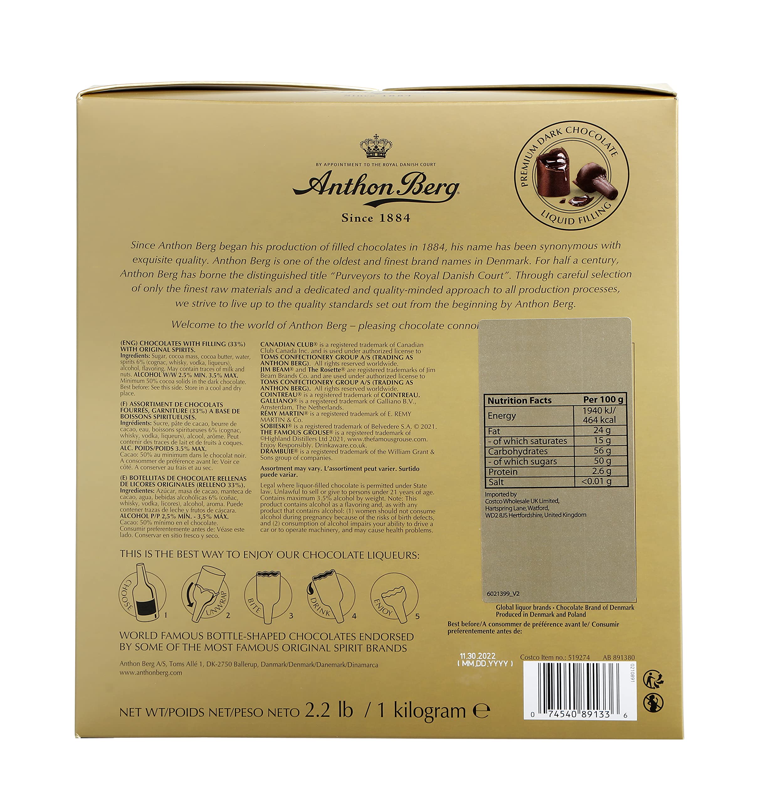 Anthon Berg Confezione regalo assortimento di cioccolatini fondenti ripieni di liquore (confezione da 64)