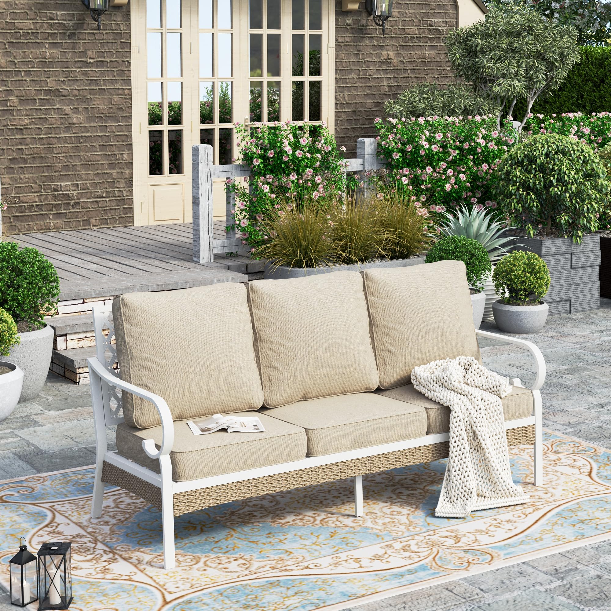 HERA'S HOUSE Patio Furniture Sofa, All-Weather 3-Seat Cushioned Sofa, Outdoor Couch with Deep Seating and Olefin Cushions for Lawn Garden Balcony