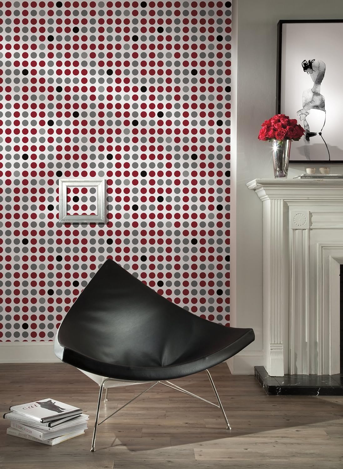 Wall In A Box WIB1012 Retro Dots Wallpaper, Silver Metallic, Scarlet Red, Gloss Black, Steel Gray