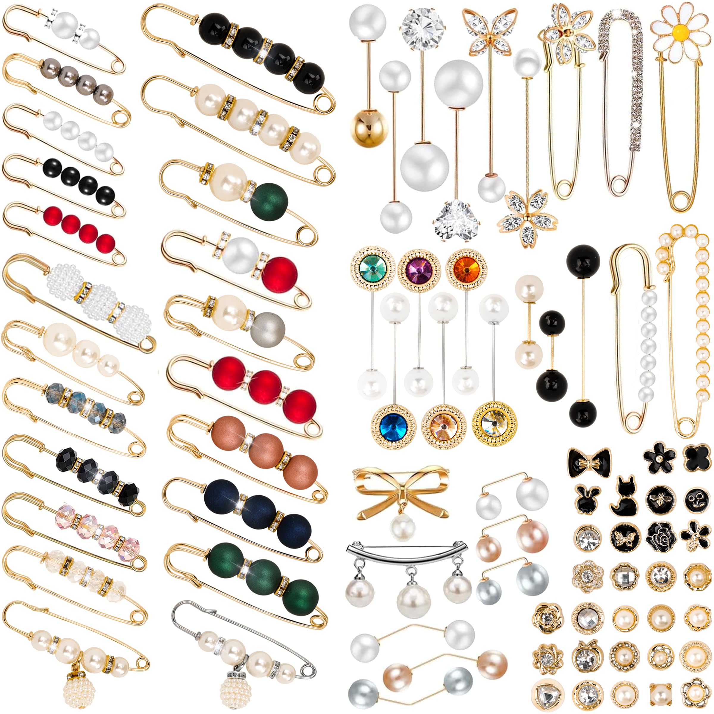 JOYEONDEF80 Pcs Brooches and Pins for Women, Pearl Brooch, Pant Waist Tightener Safety Pin Double Faux Pearl Brooches for Women Fashion Cover Up Buttons Clothing Dresses Decoration Accessories