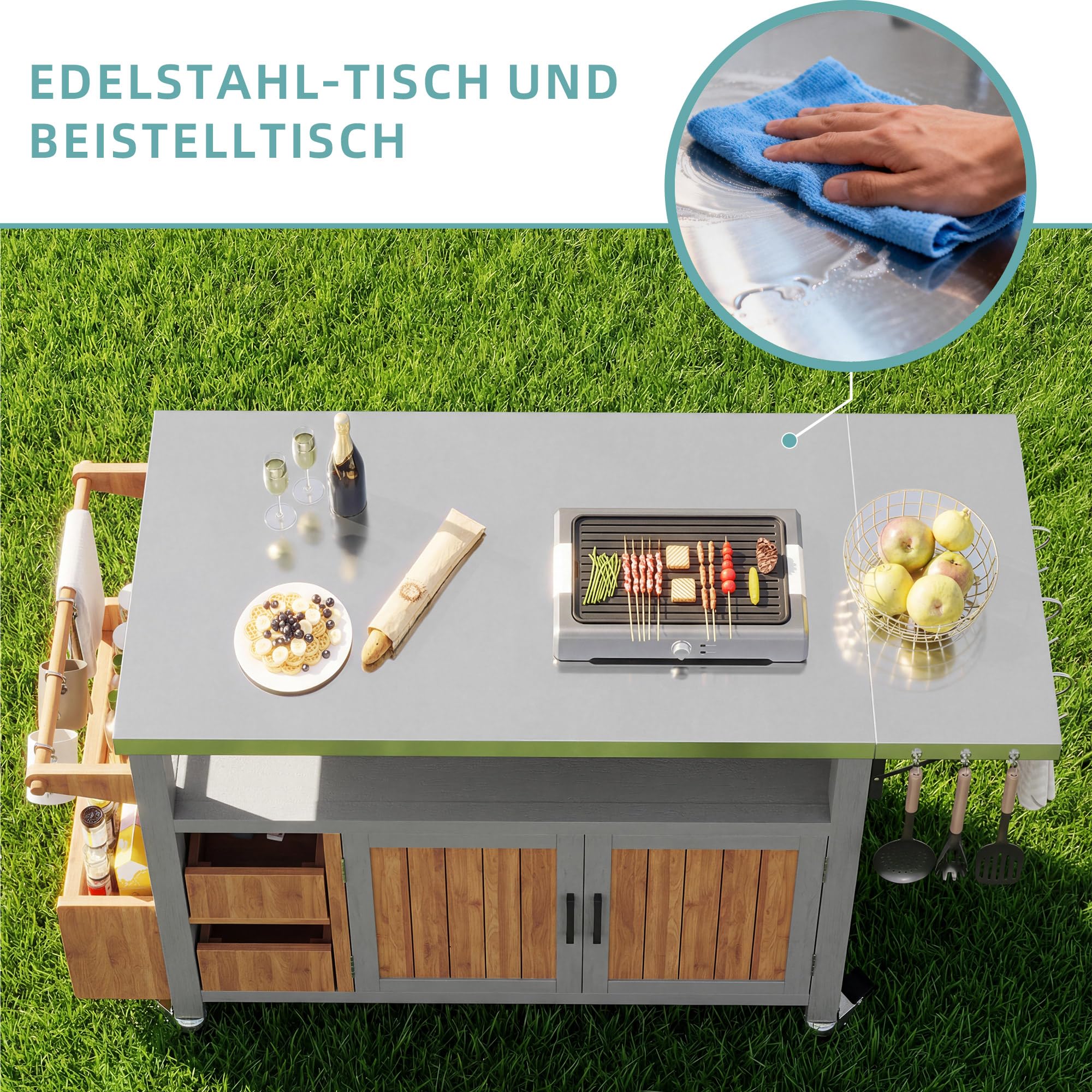 BBQ Beistelltisch, Beweglicher Gartenschrank, wetterfest, Arbeitsplatte aus Edelstahl, Grillwagen, Servierwagen mit ausziehbarer Seitenablage, 3 Haken, Regal für Snacks und Gewürze