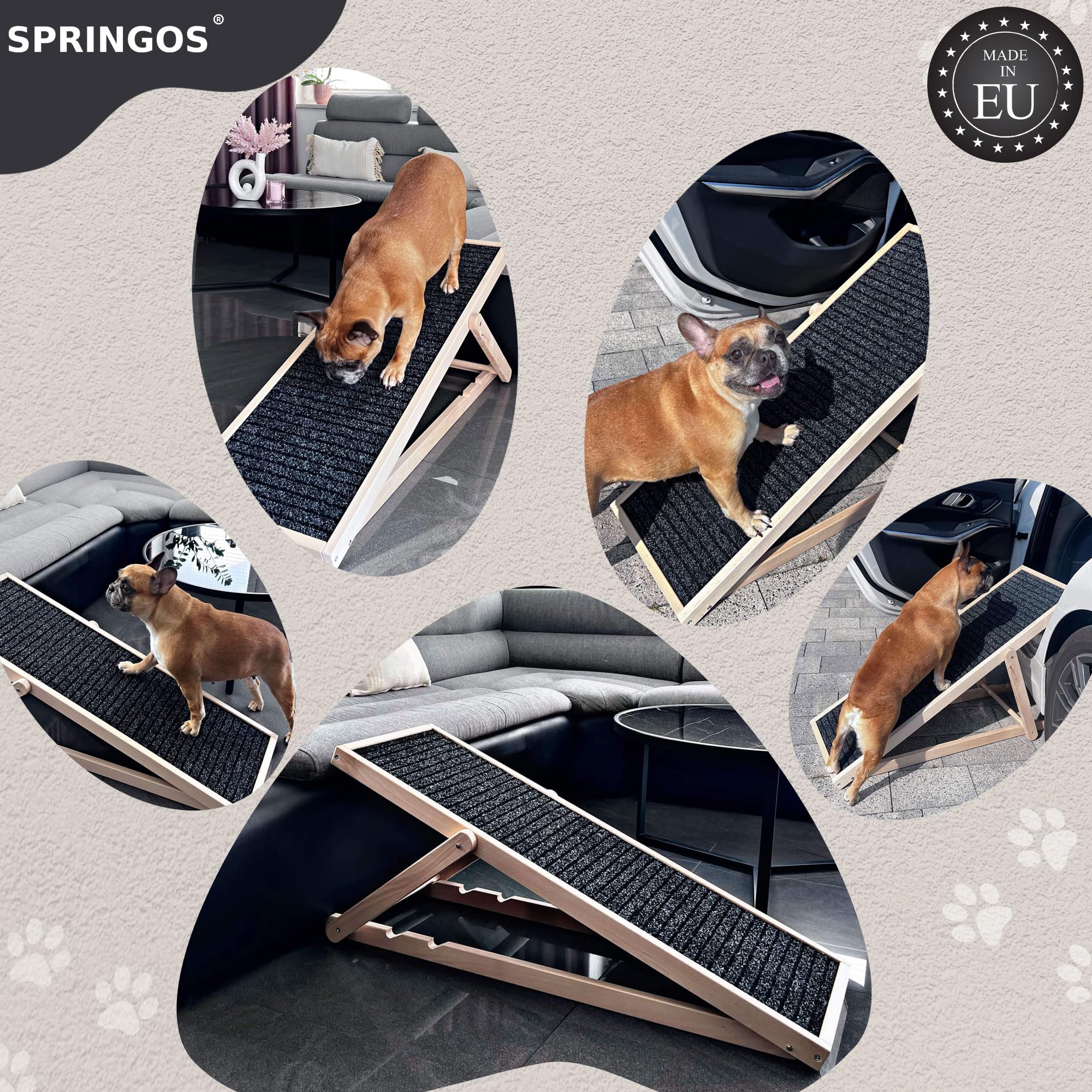 SPRINGOS Rampe pour chien, réglable, 42,5 à 59 cm, pour lit ou canapé, pliable, en bois, pour animaux de compagnie, avec insert antidérapant