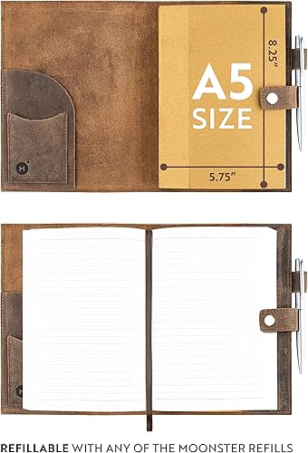 Miniatura 5 de moonster Diario de cuero recargable, diario de escritura para mujeres, diario inspirador de cuero con bolígrafo, diario encuadernado en cuero,