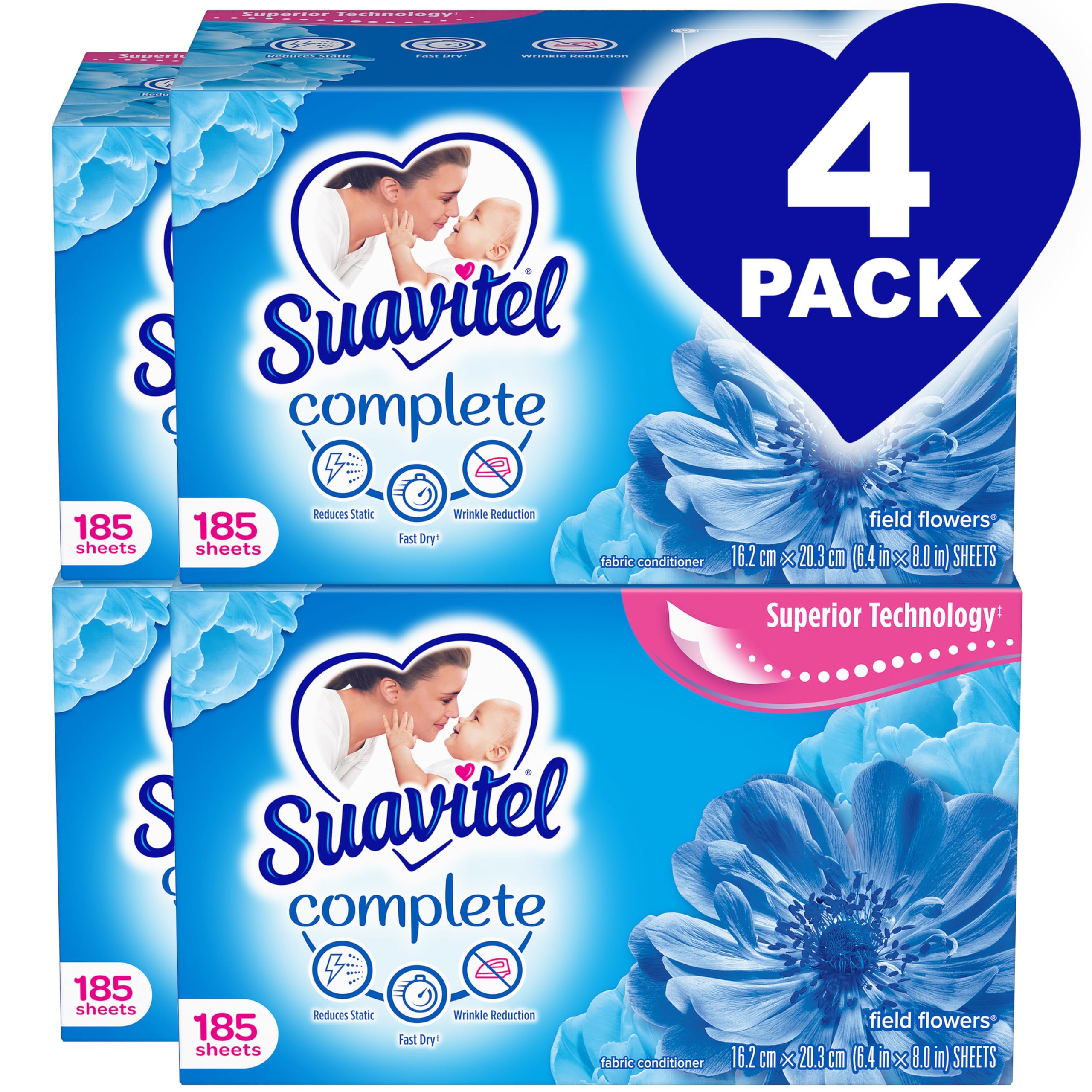 Complete Fabric Softener Dryer Sheets, Field Flowers, 185 ct, 4 pack