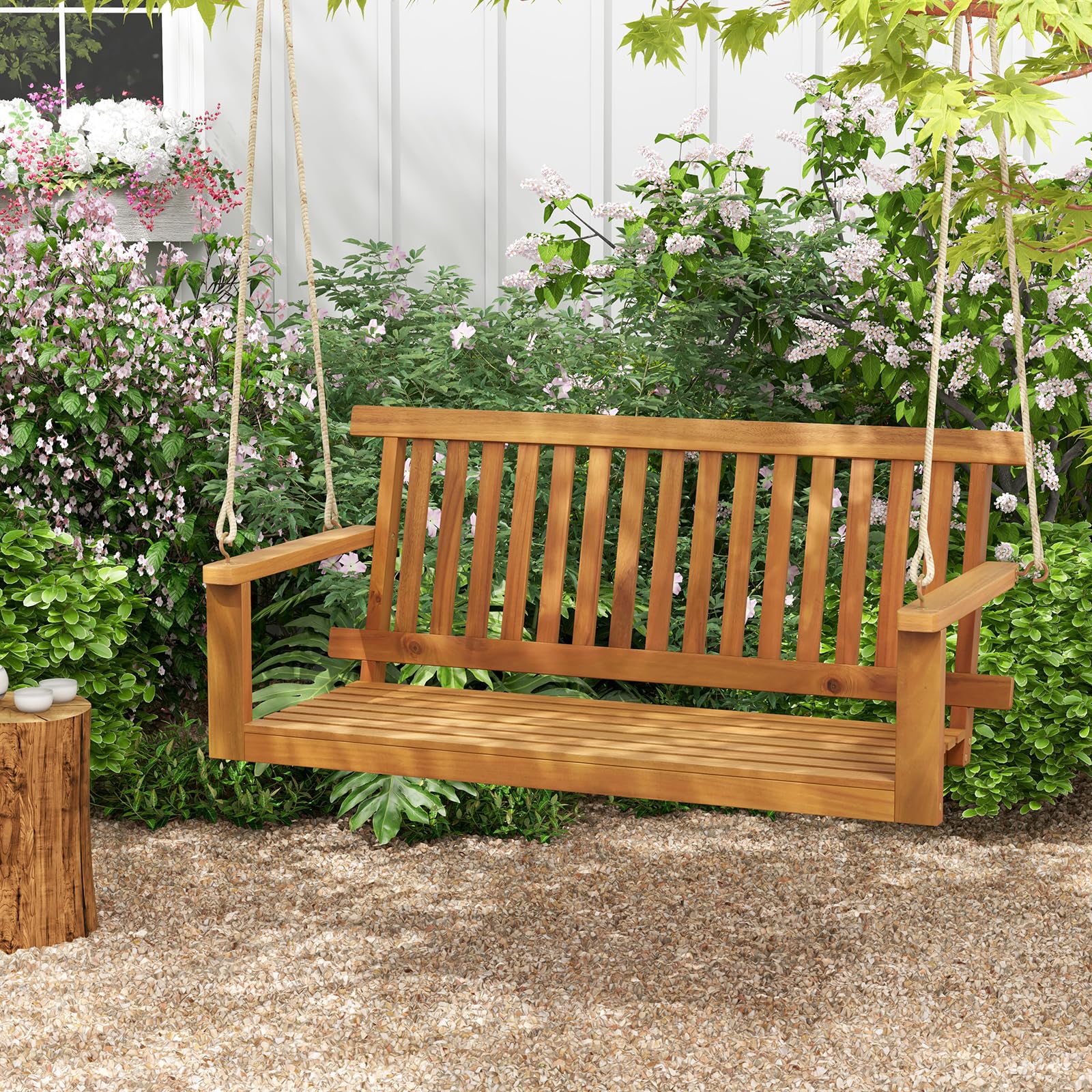 GOPLUS - Columpio de porche de 2 plazas de madera de acacia, silla colgante para 2 personas, asiento y respaldo con lamas, capacidad 360 kg, columpio para jardín, patio, 130 x 63 x 57 cm natural