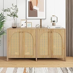 Aparador moderno de estilo minimalista de 4 puertas de mimbre, tirador de metal, armario de buffet simple para comedor, sala de estar, cocina (madera natural)