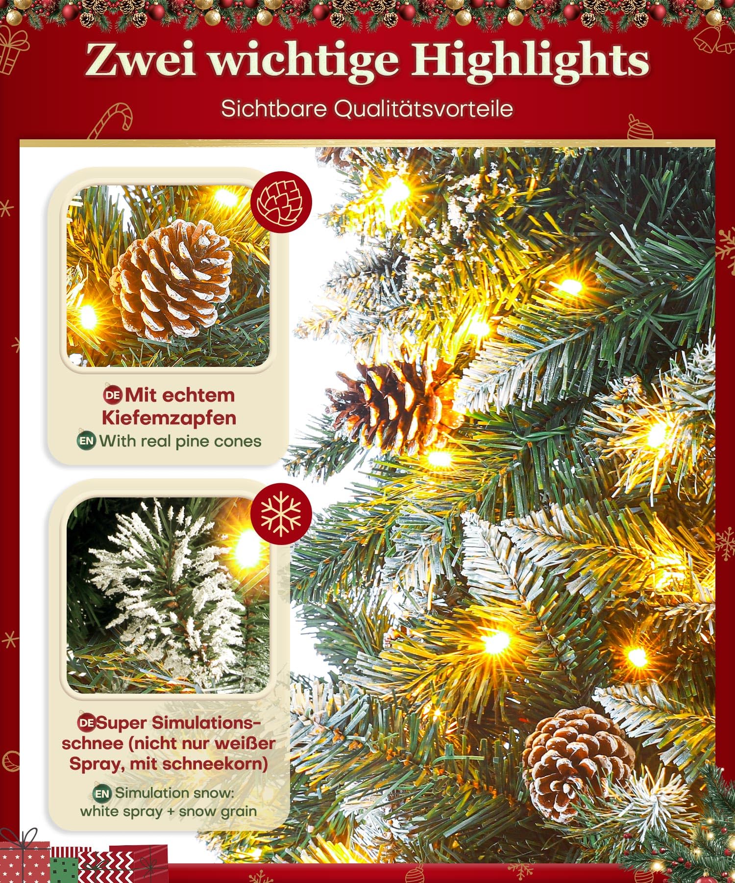 Yorbay künstlicher Weihnachtsbaum mit Beleuchtung und weißem Schnee, LED Tannenbaum für Weihnachten-Dekoration mit echten Tannenzapfen, Feuerbeständig (210CM)