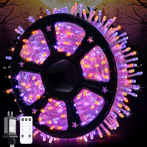 JMEXSUSS Guirnalda de 600 luces LED de Halloween de 168 pies para exteriores, luces de Halloween naranjas y moradas, cable transparente, 8 modos,