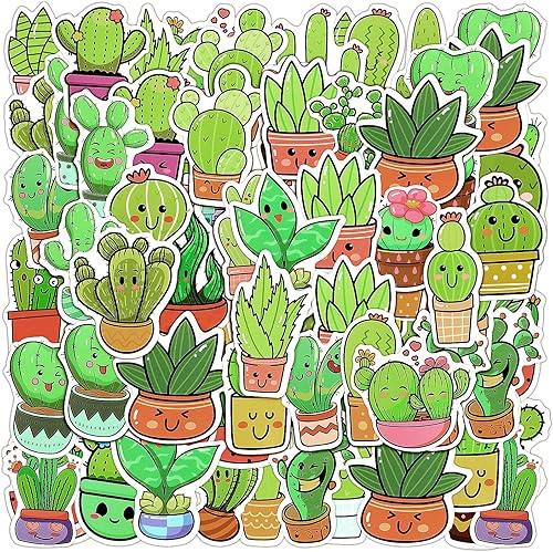 Kosiz 100 calcomanías de cactus verdes para plantas, lindos cactus, impermeables, vinilos para botellas de agua, suculentas en maceta, flores