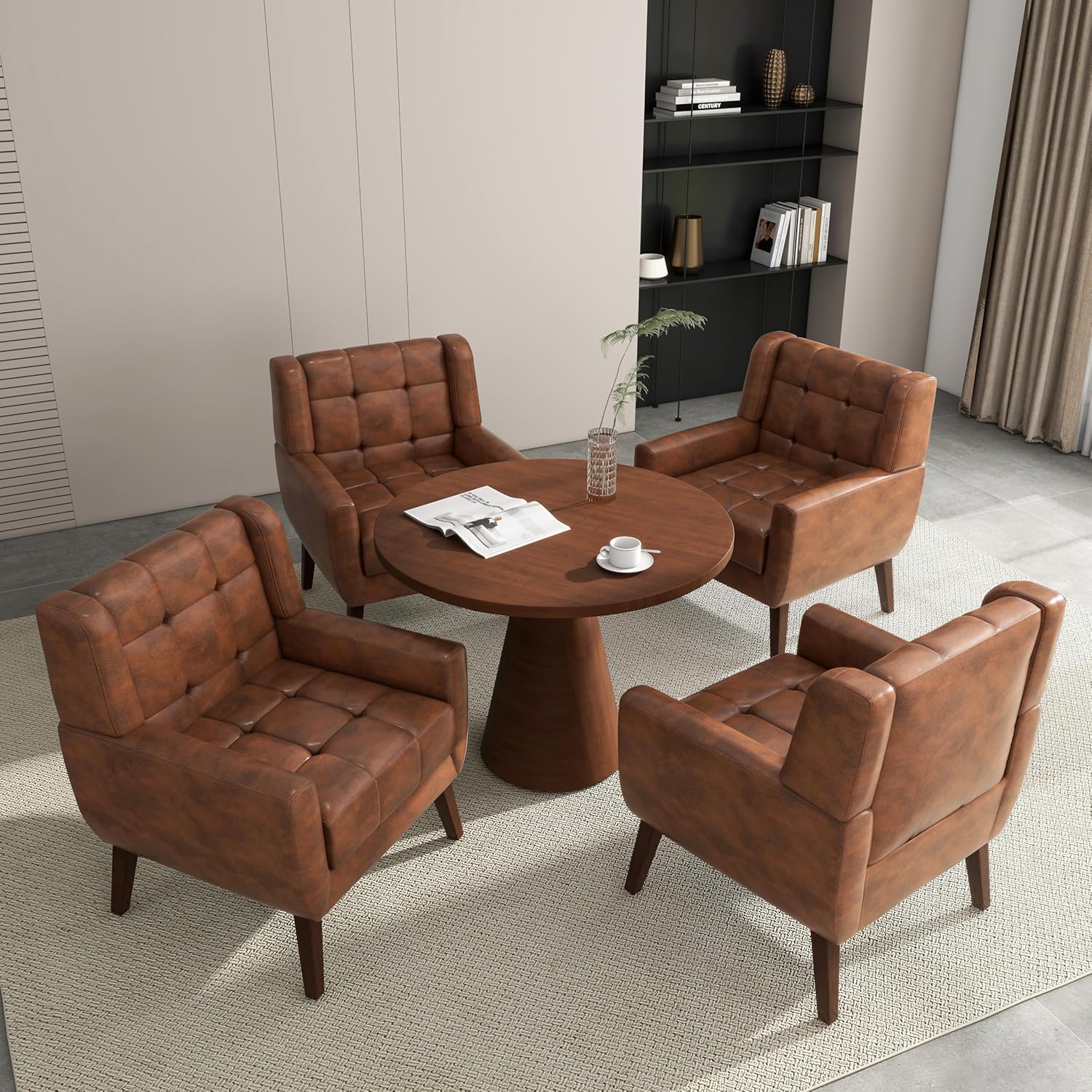 Accent Chair, Comfy Mid Century Modern Small Armchairs with Solid Wood Frame and Soft Cushion for Living Room, Bedroom (Faux Leather, Coffee, Set of 2)