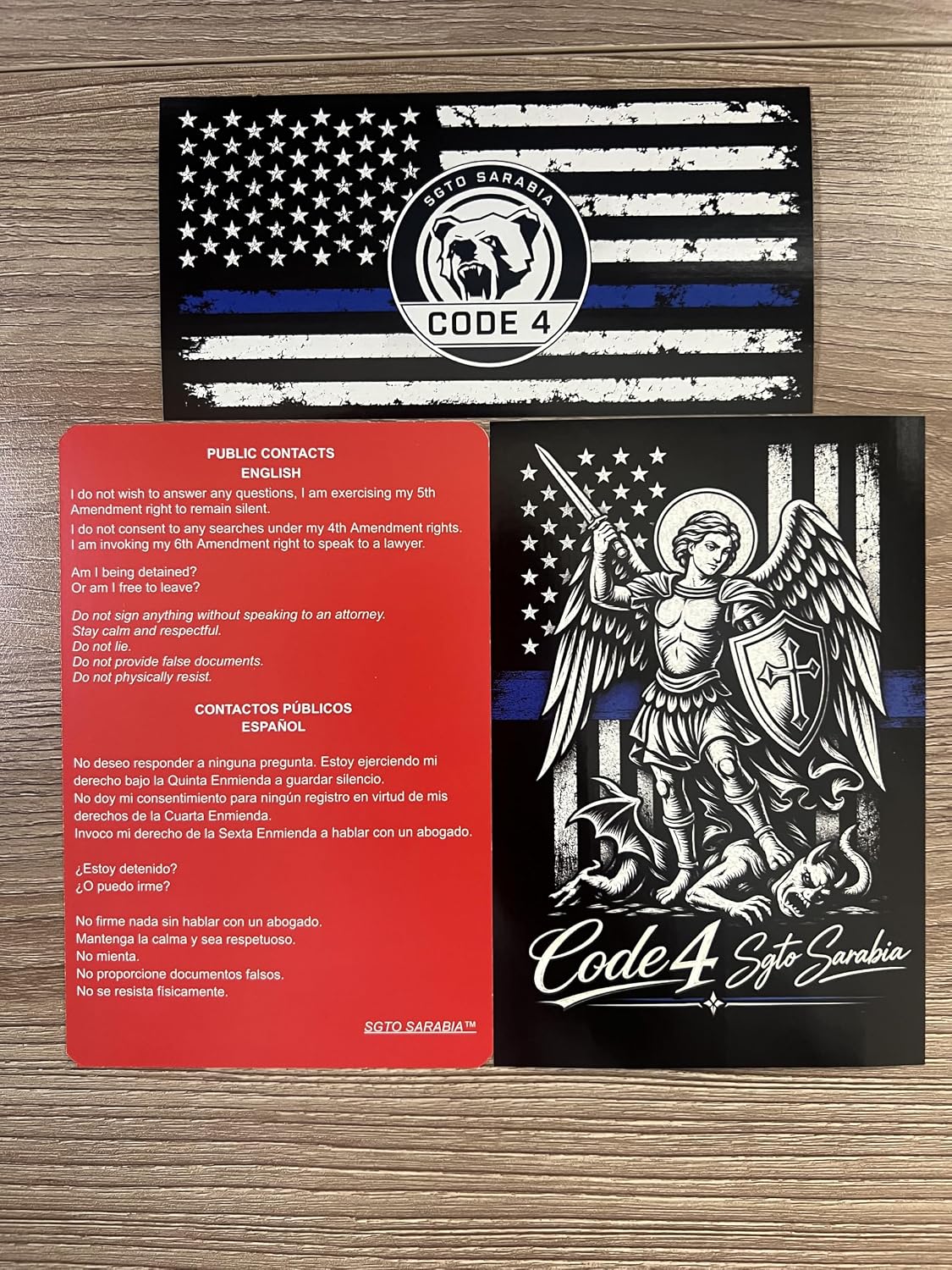 Code 4 Bundle – St. Michael Archangel Decal, Thin Blue Line Flag Decal & Bilingual Know Your Rights Reference Card | Premium Waterproof Vinyl | 3-Piece Set